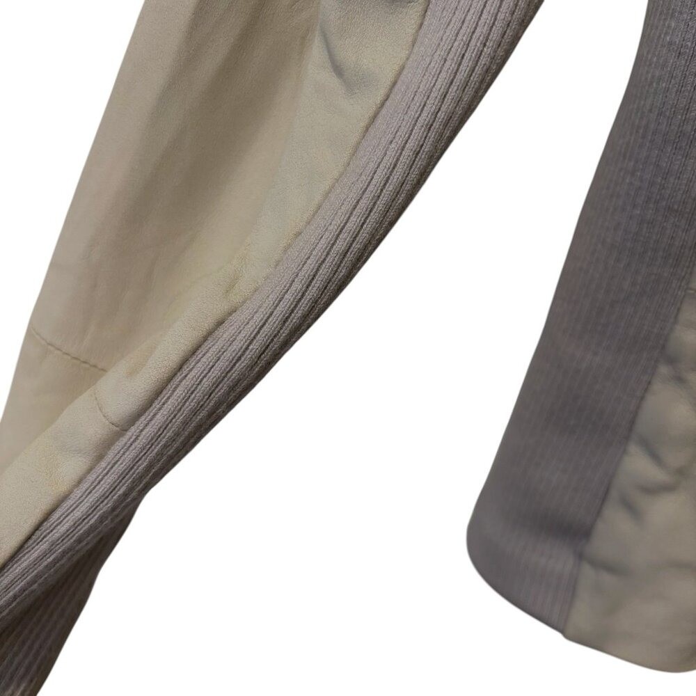 Vince Goat Leather Asymmetrical Moto Jacket Cashmere Ribbed Knit Trim Taupe