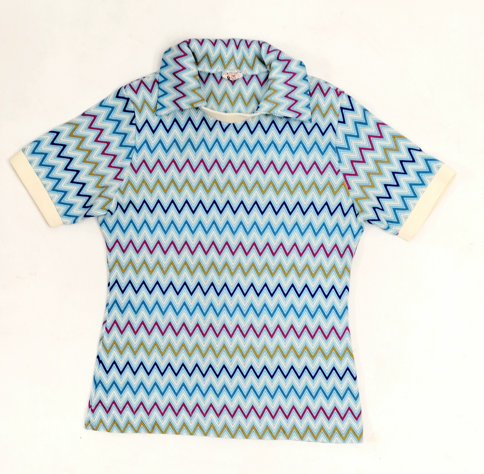 Vintage JANE COLBY Womans MEDIUM Chevron Celanese Fortrel TSHIRT Collar Hem TEE