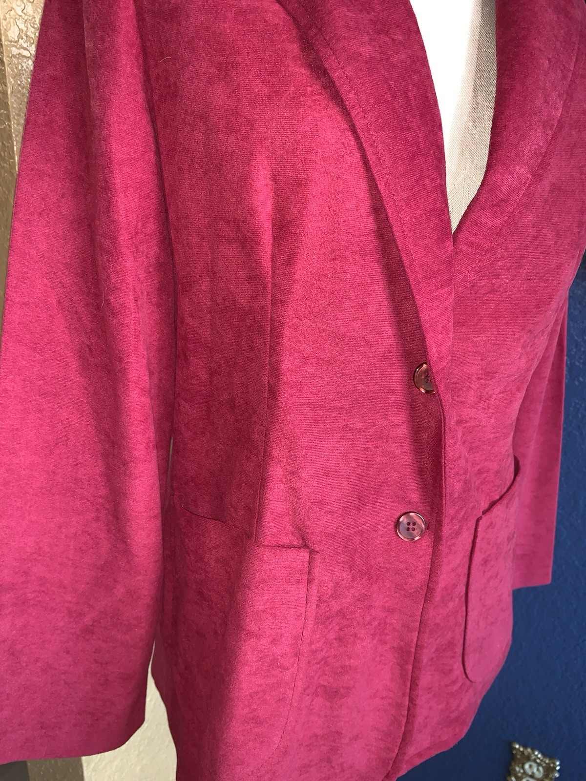B2 80s Velour Blazer Jacket Sz M Pink Fuchsia Button Career Office Preppy