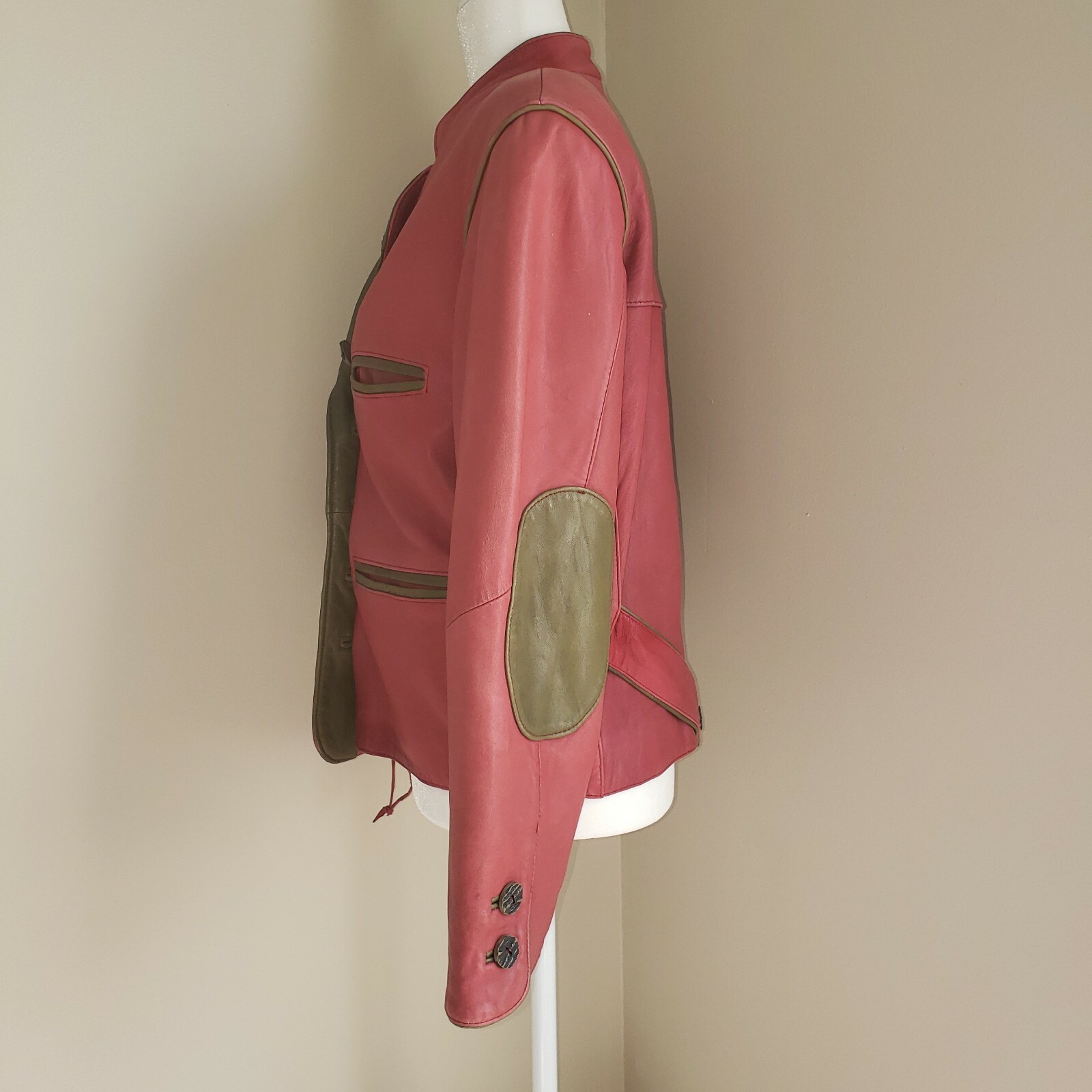 Vintage 80s Original Leather Sound LS Red Leather Jacket Green Accents Sz 38