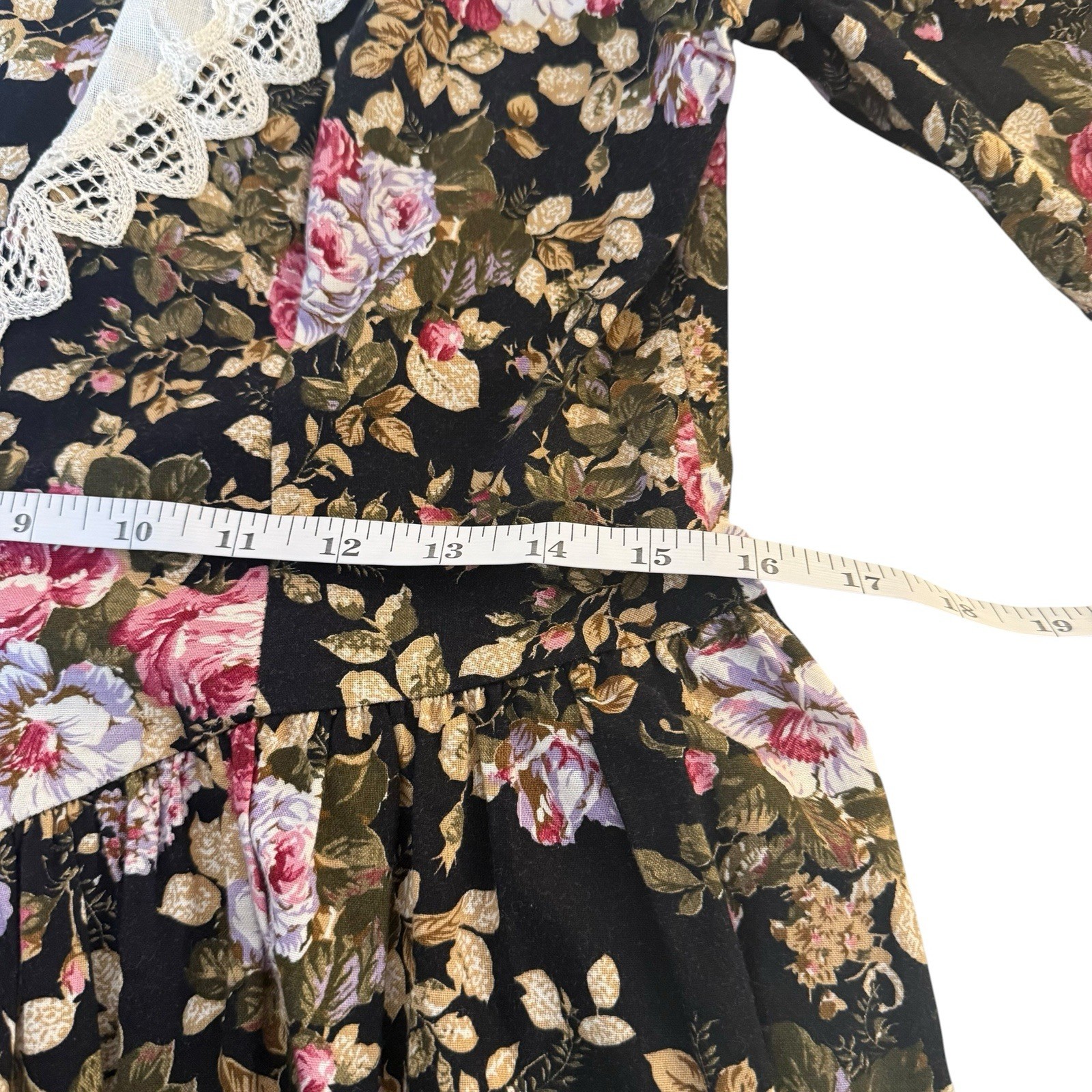 Vintage 80s Dark Cottagecore Black Floral Midi Dress Size Large Lace Prairie