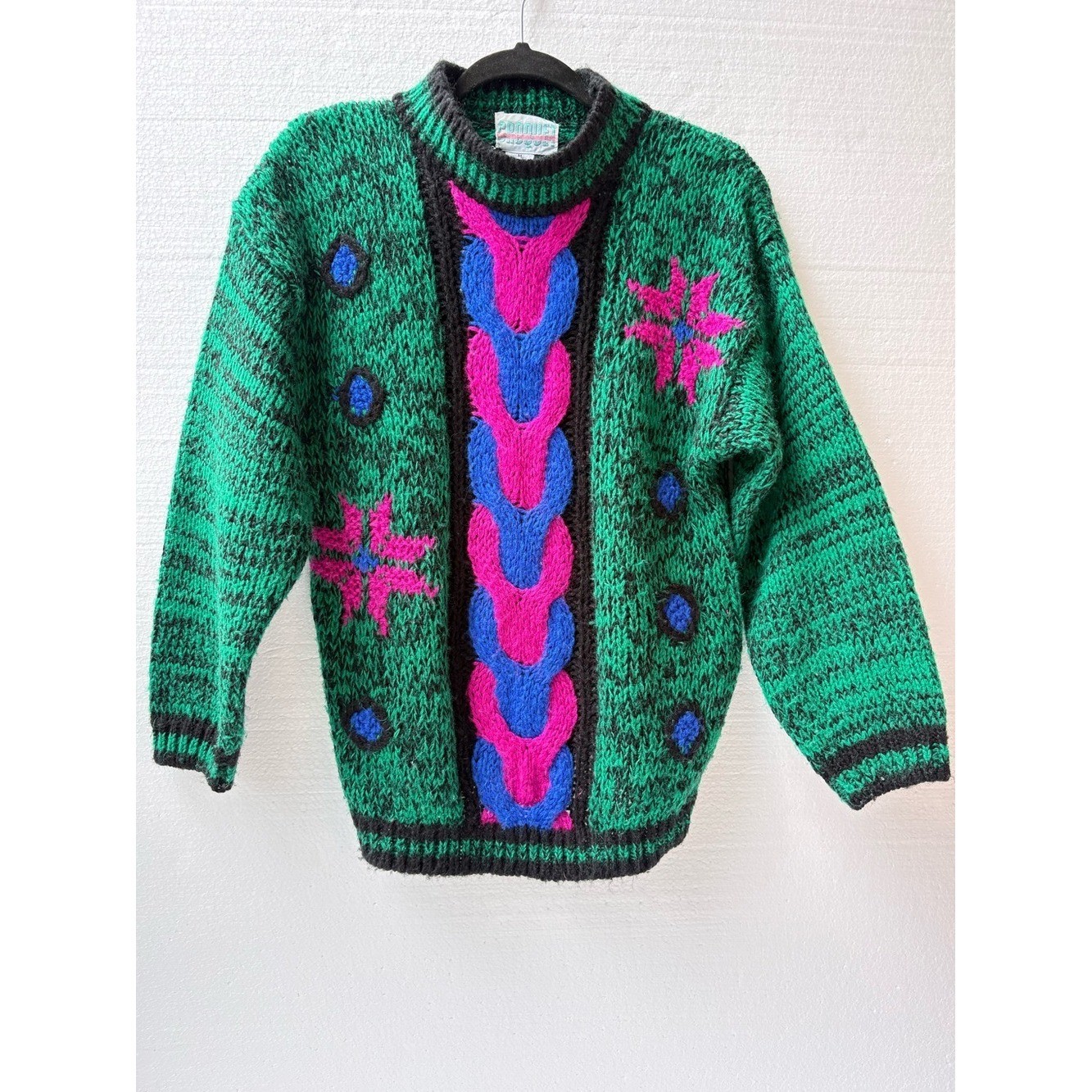 Vintage Croquet Colorblock Chunky Knit Sweater Green Pink Blue Size M