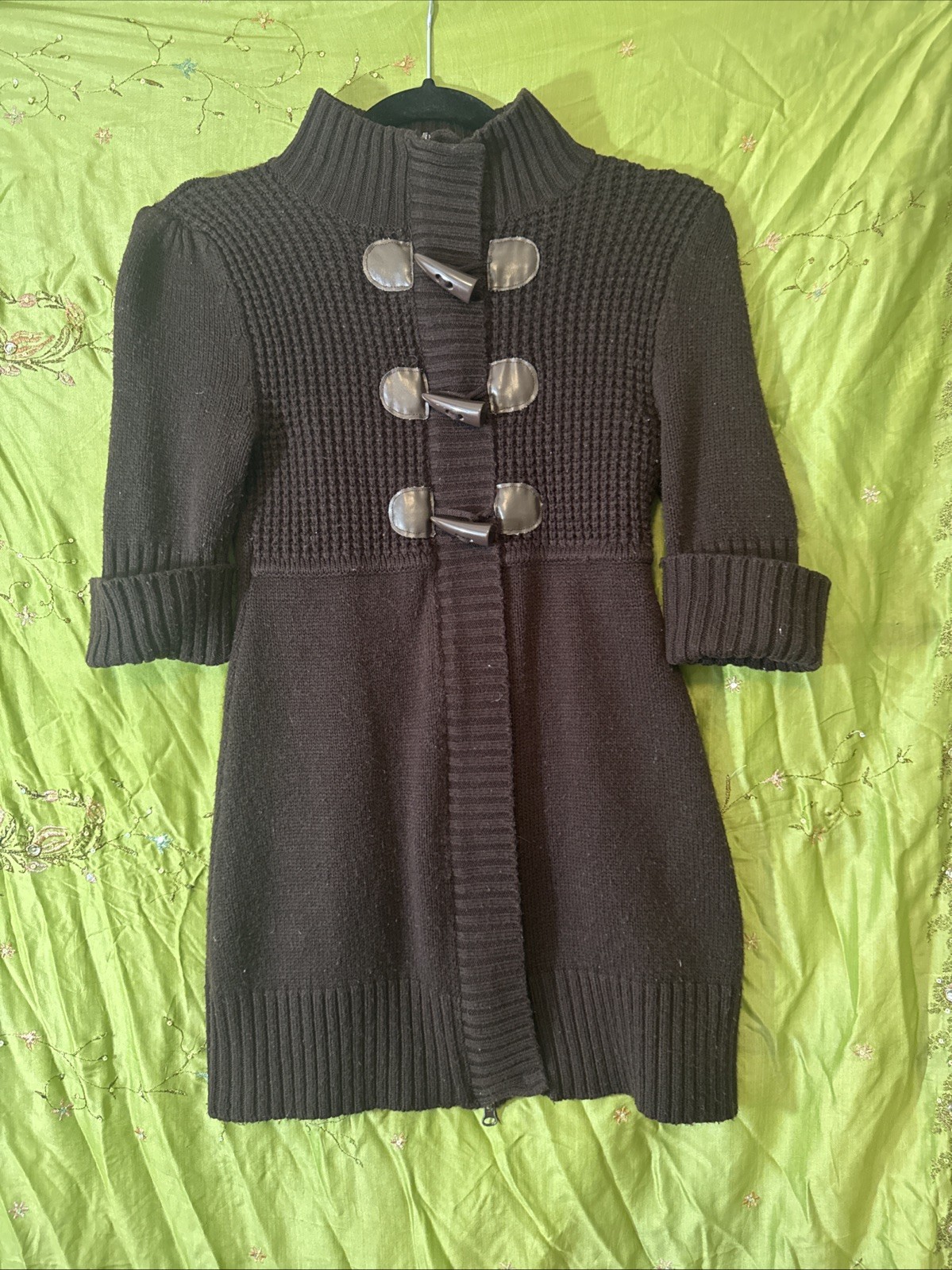 Vintage Take Out Sweater Jacket Brown Full Zip 3/4 Sleeve Toggle Buttons Size M