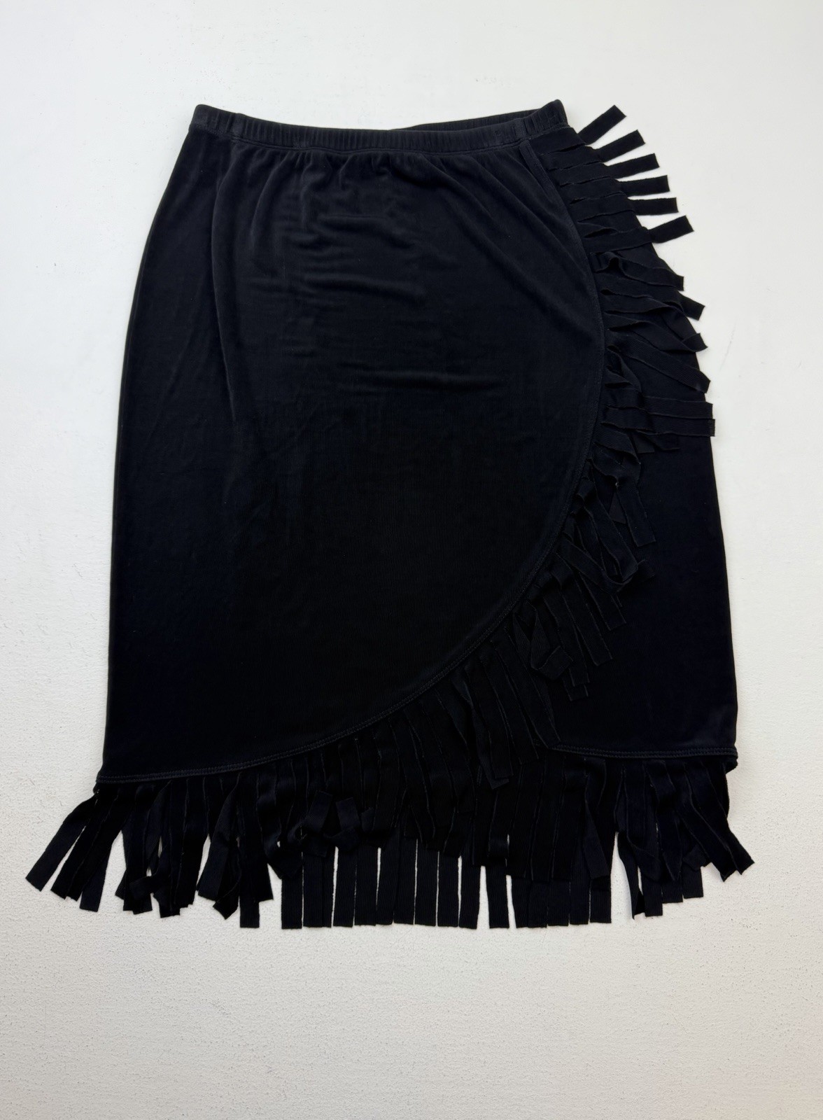Vtg Chico’s Travelers Black Fringe Faux Wrap Midi Skirt Sz 1 Western Slinky Knit