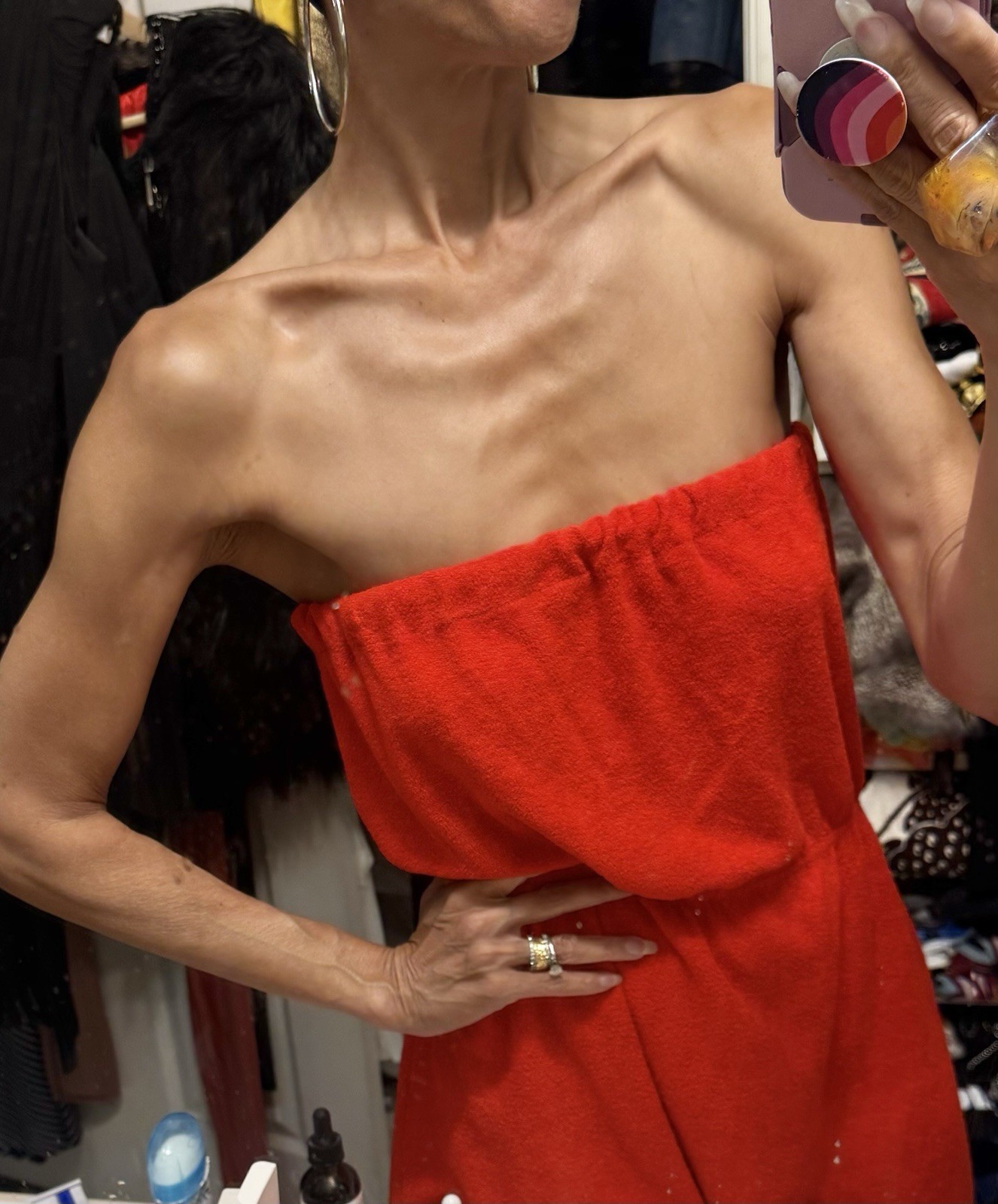 Vtg MIs Tique Red Terry Cloth Strapless Blouson Dress Slit 70s Studio 54 XS S M