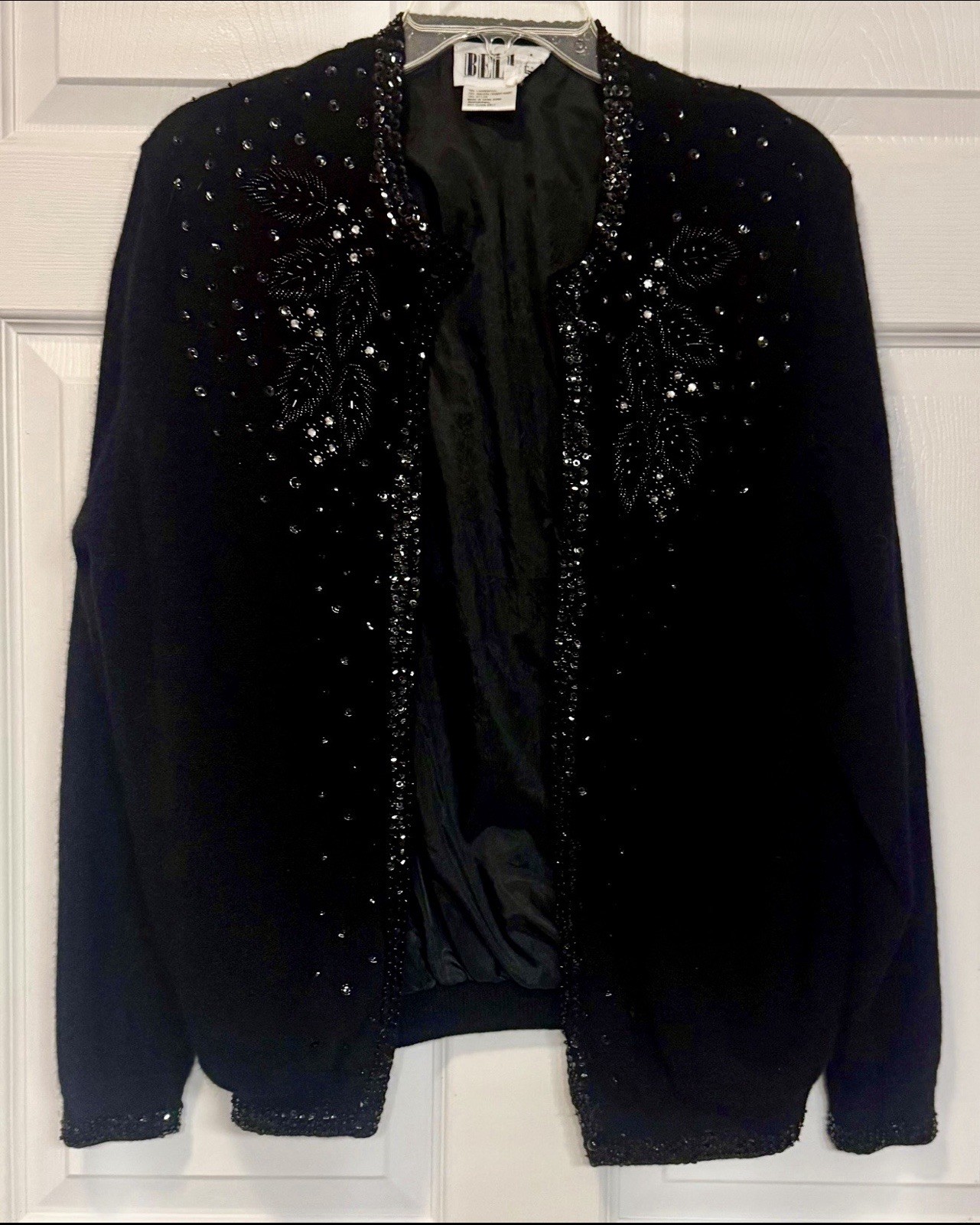 Vtg 50s 60s Bella Black Beaded Cardigan Sweater Lambswool Angora Lined Sz 44
