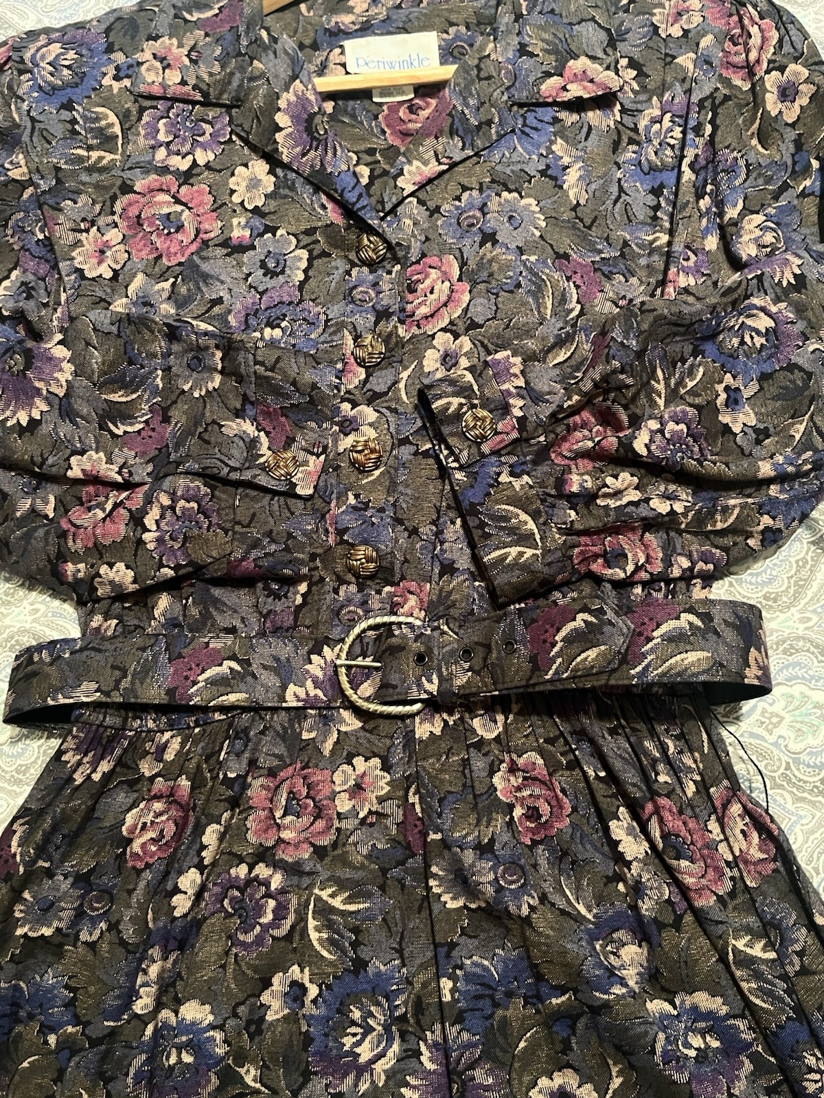 Vintage 80’s Periwinkle Floral Tapestry Dress Belted Rayon 14 USA Shoulder Pads
