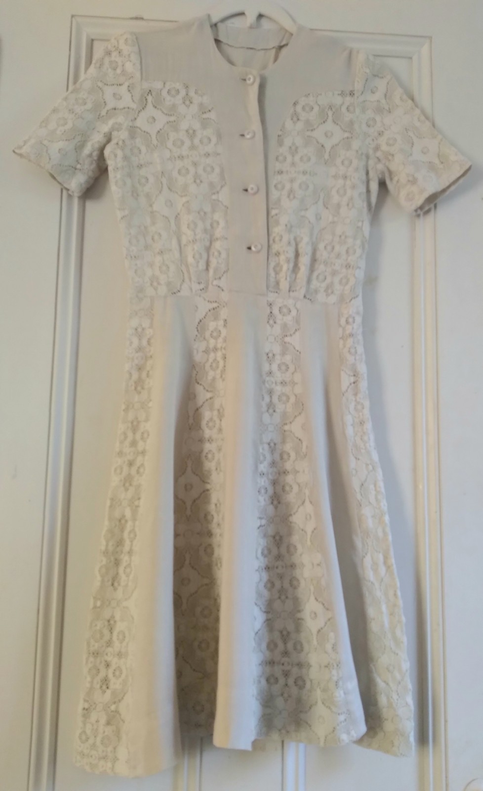 Vintage 30s 40s Dress Ivory Cream Linen Crochet Lace XS S M Bust 32 to 34 Sheer