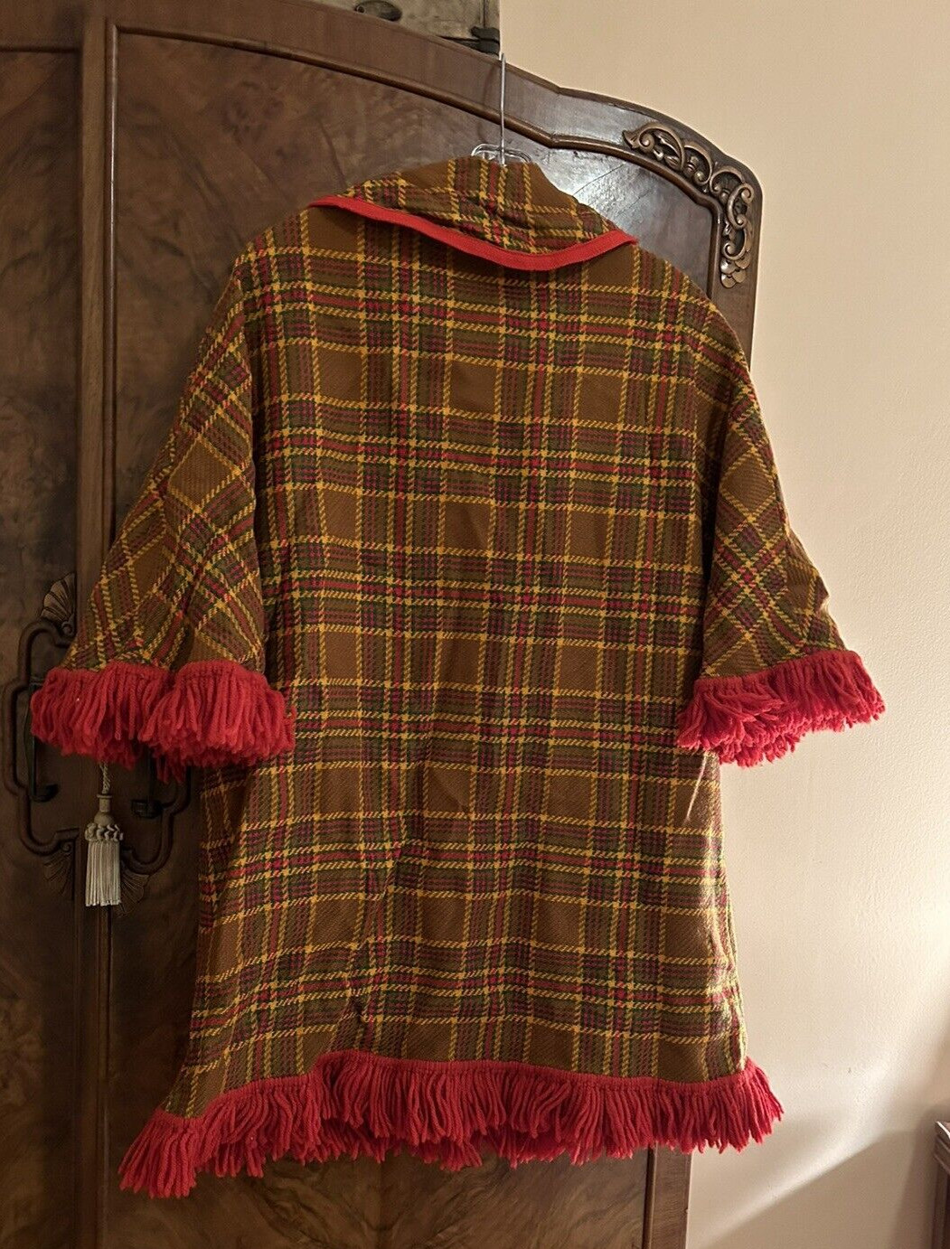 Vtg mid century plaid cape jacket fringe groovy modern boho needs repair on trim