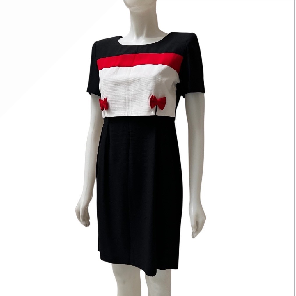 Vintage 90s Colorblock Bow Sheath Dress Retro Mod Office Siren Made in USA SP