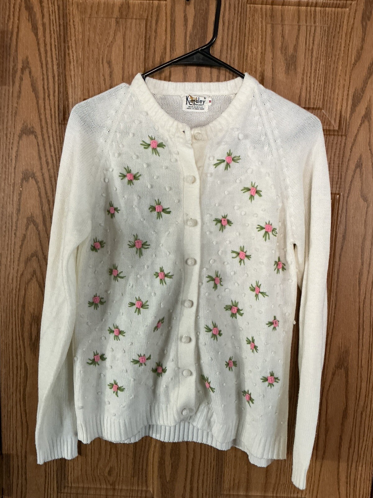 Vintage Kingsley Cardigan Sweater Medium VGUC White Floral Design