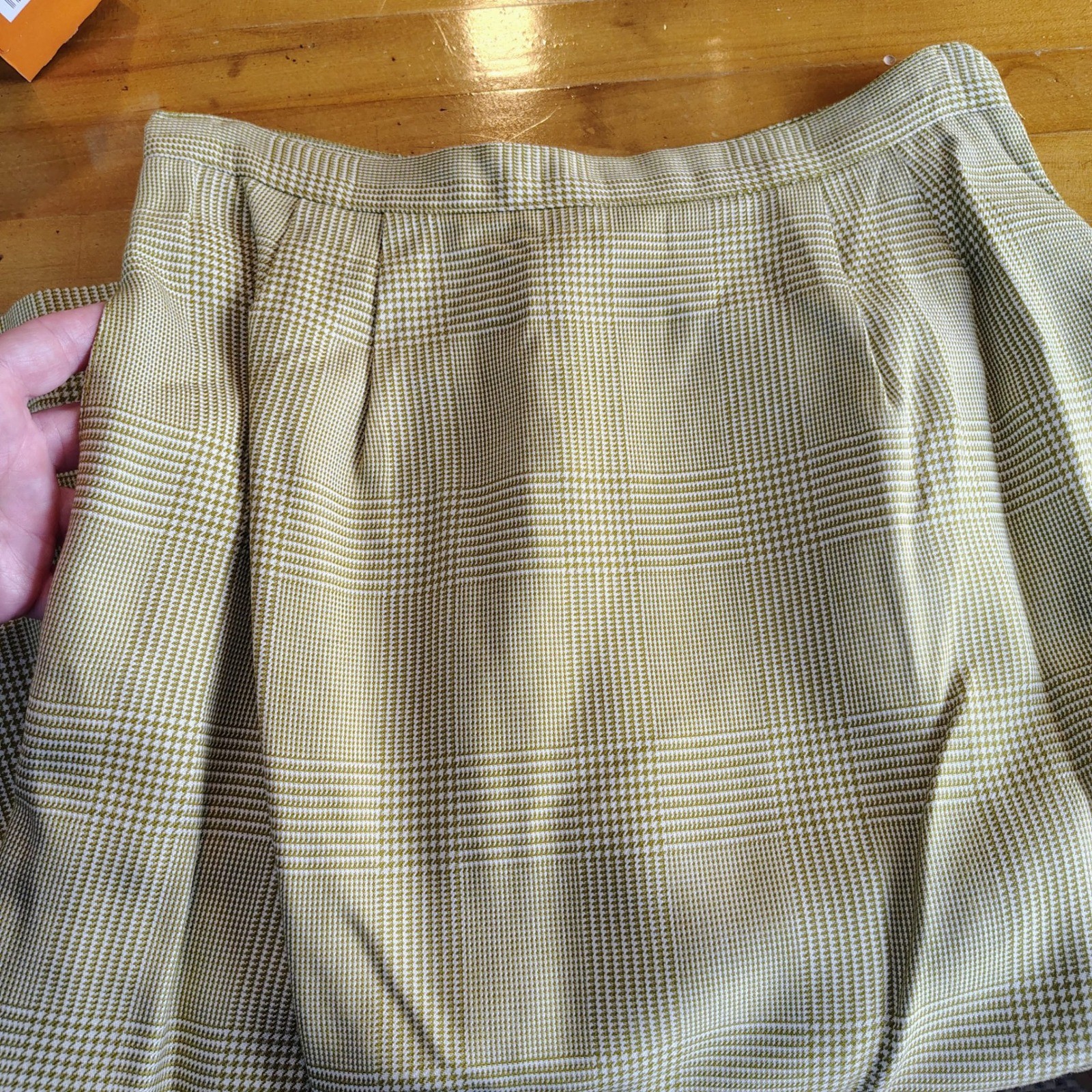 Stirling Cooper Vintage Glen Plaid Skirt Suit Set Tan Mustard Rayon Size 8