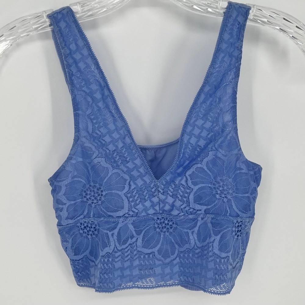 Aerie Women’s Lace Back Longline Bralette Size XS Blue Mesh Pullover Shelf Bra