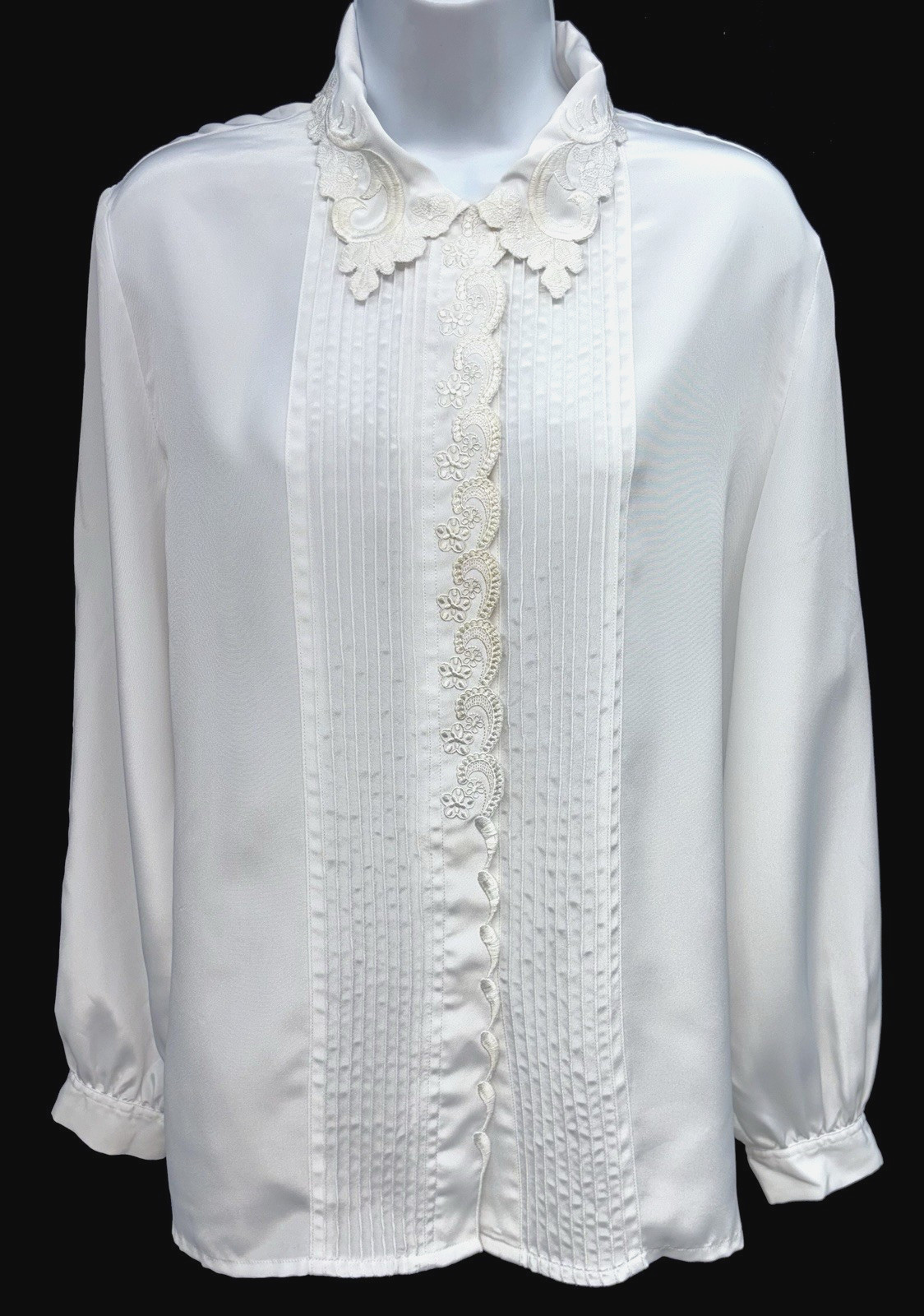 VTG Mariani Women Size 14 Button Up Embroidered Collar Long Sleeve Top Pin Tuck