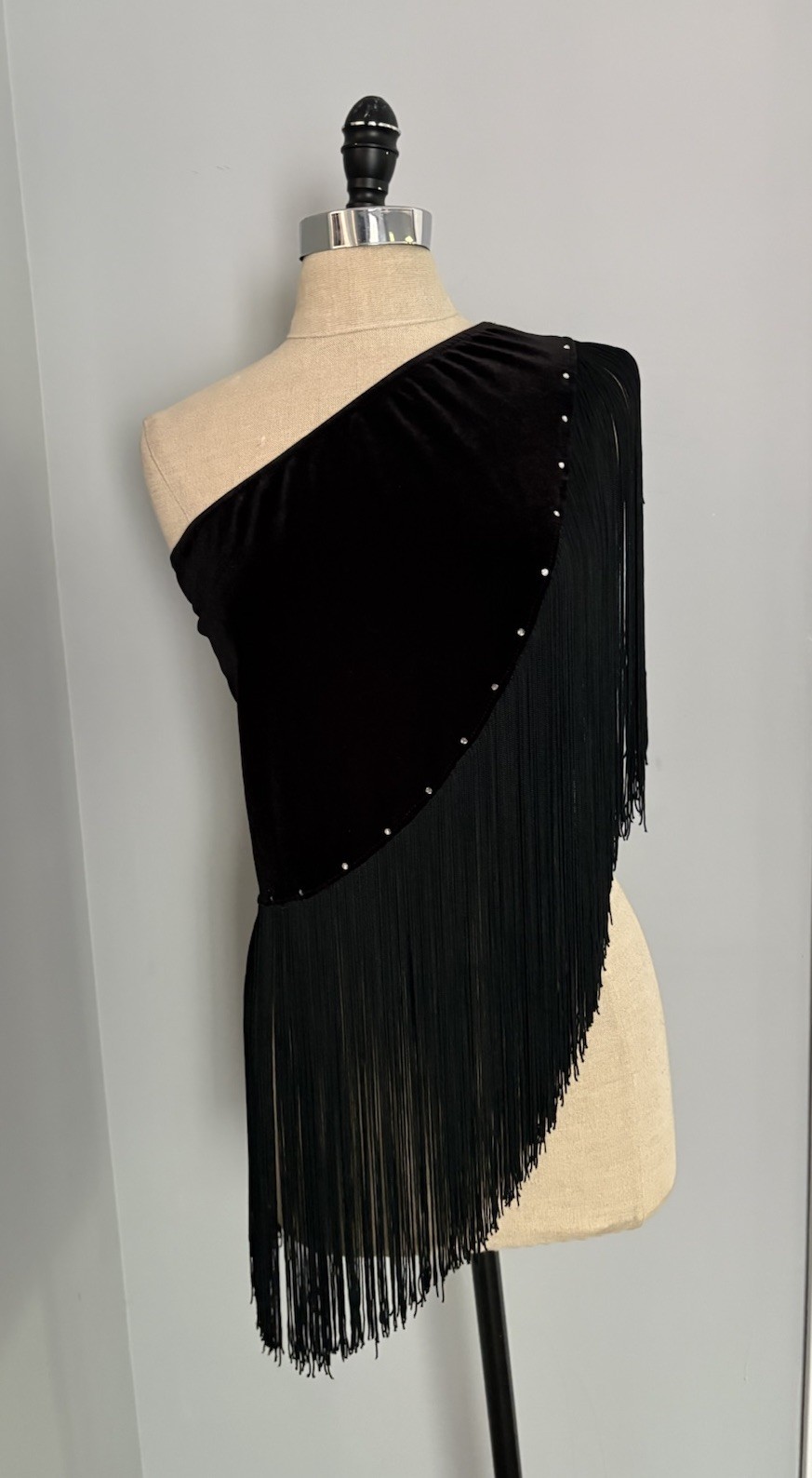 Vintage 90s Y2K Velvet Fringe Mini Skirt Strapless Top Mall Goth Club Boho Bling