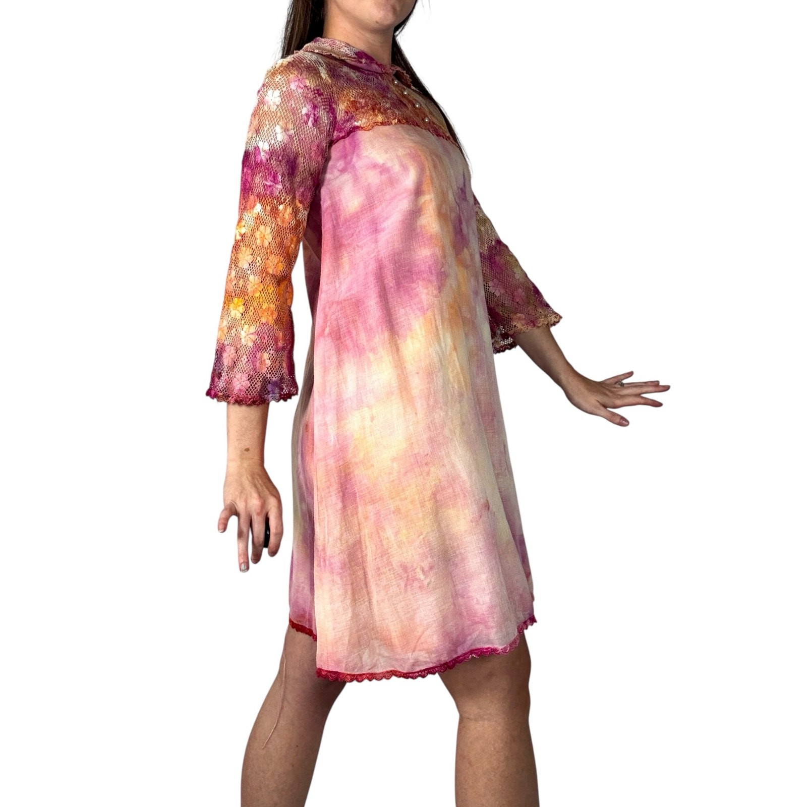 Vintage 1960s Hand Dyed Pink Orange Ice Dye Shift Dress Bell Sleeves Lace Yoke