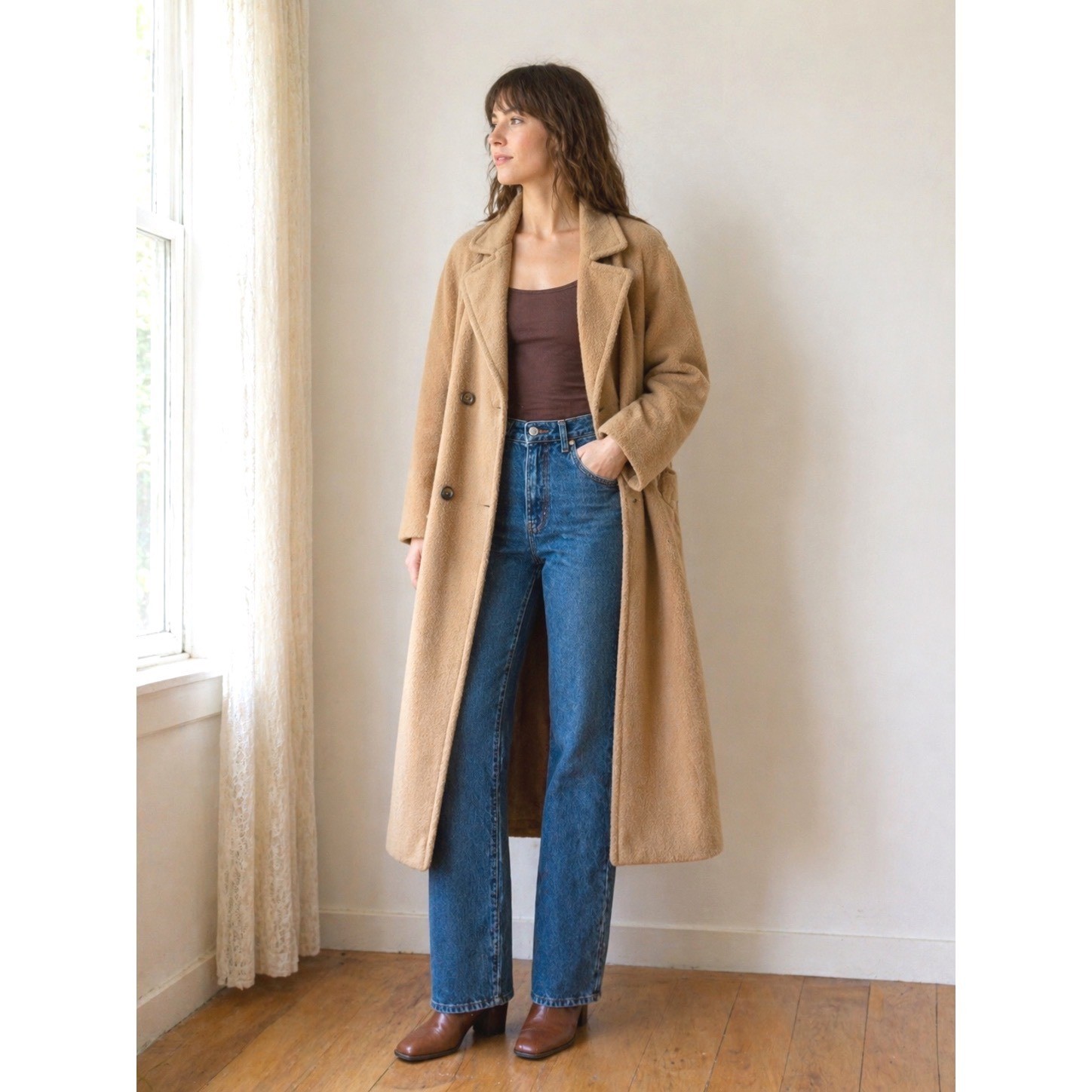 Vintage 100% Camel Hair Double Breasted Coat Womens Belted Long Tan Winter Coat