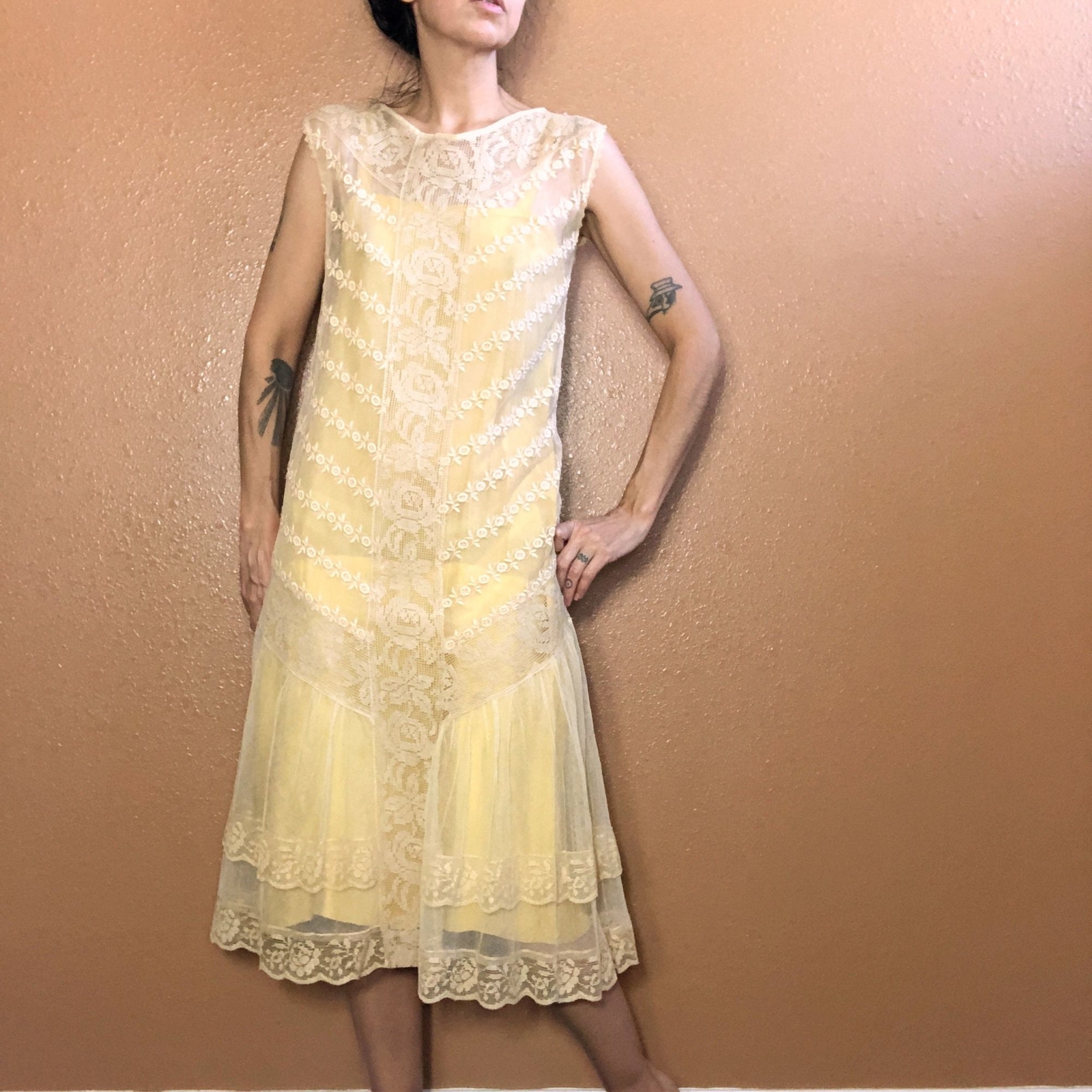 Vintage 1920s Sheer Mesh Net Crochet Drop Waist Dress + Silk Slip Coquette