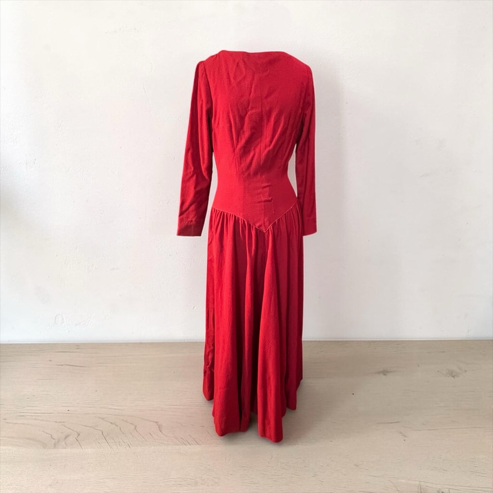 40s Red Wool Siren Dress Pointed Waist Dramatic Old Hollywood Mended 38 Bust