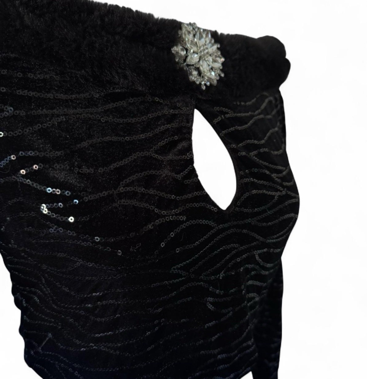 Vintage Black sequin long sleeve top with fur collar and rhinestone brooch