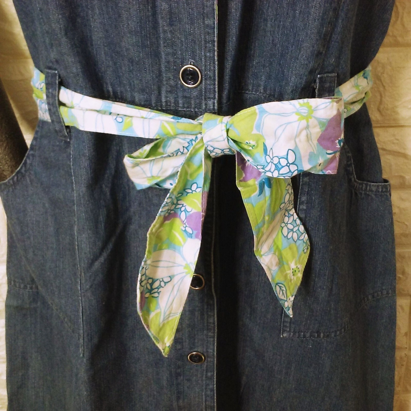 Vintage 90s Erika Denim Button-Front Shirt Dress XL(16) Pockets SSL Floral Belt