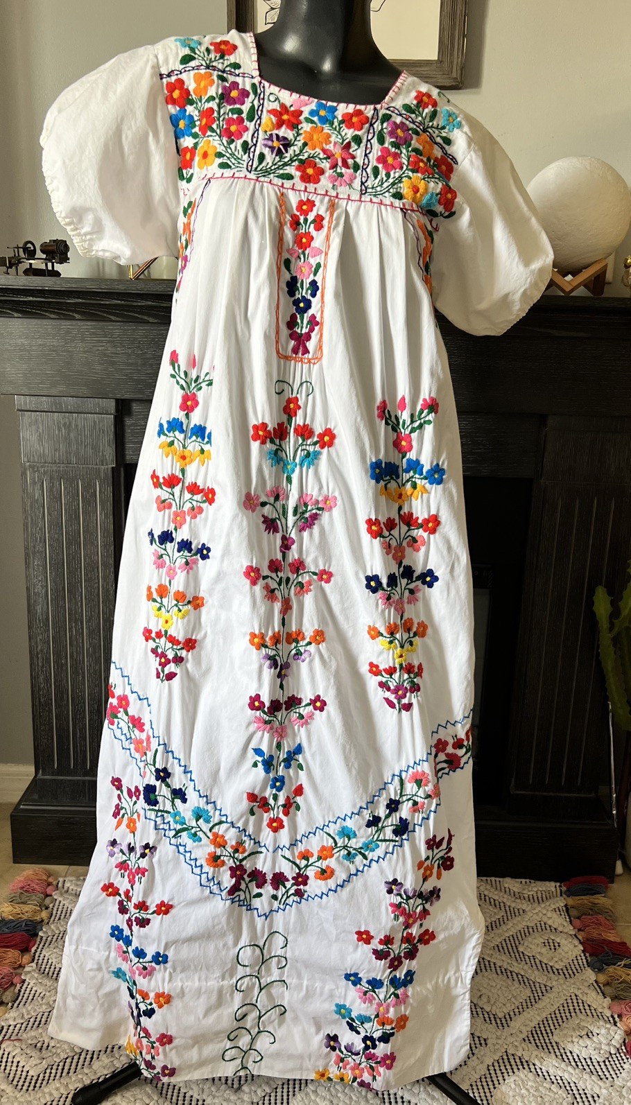 Vintage 70s Mexican Embroidered Colorful Floral Maxi Dress Peasant Style