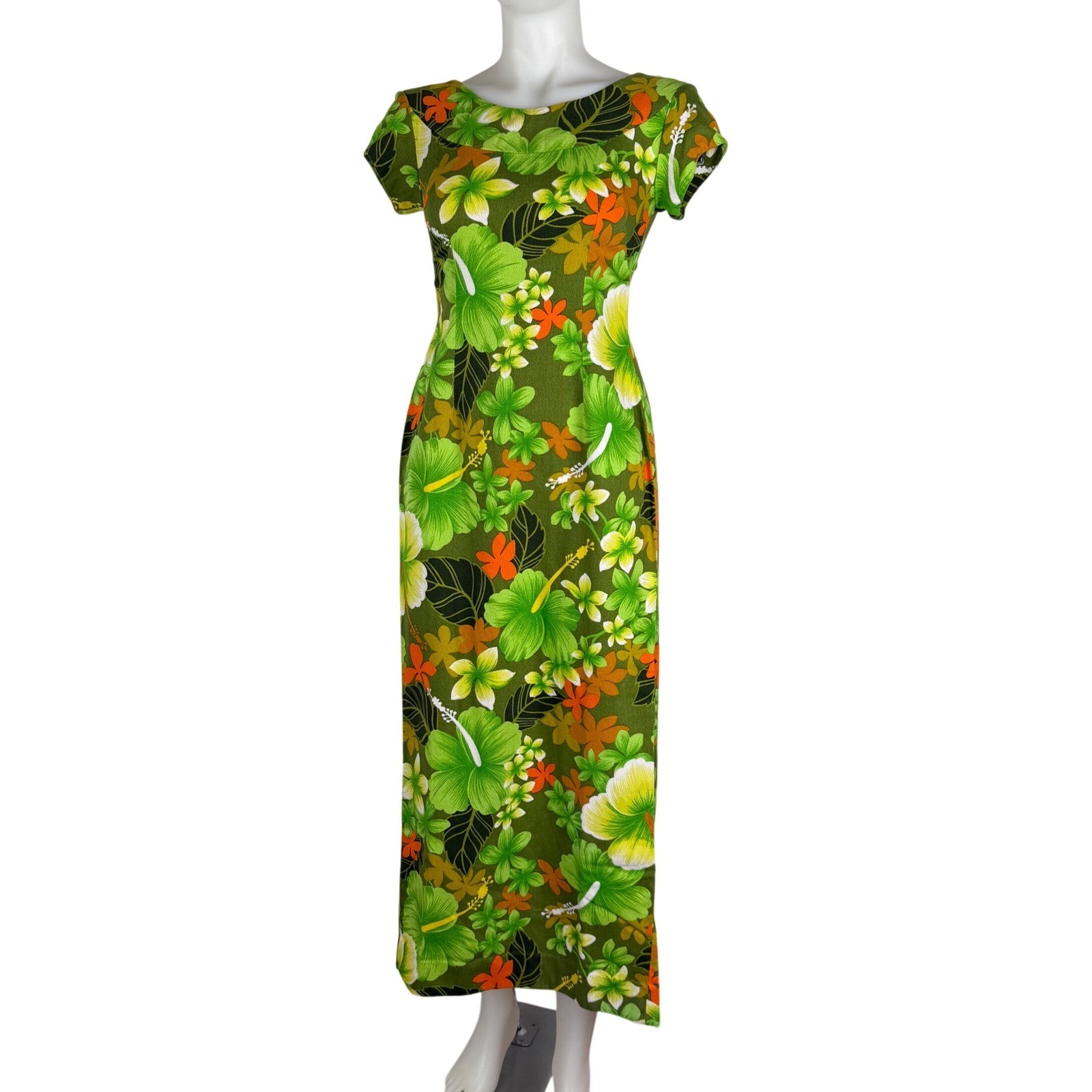 Vintage 70s Hawaiian Waterfall Back Barkcloth Maxi Dress Green Floral Size 6