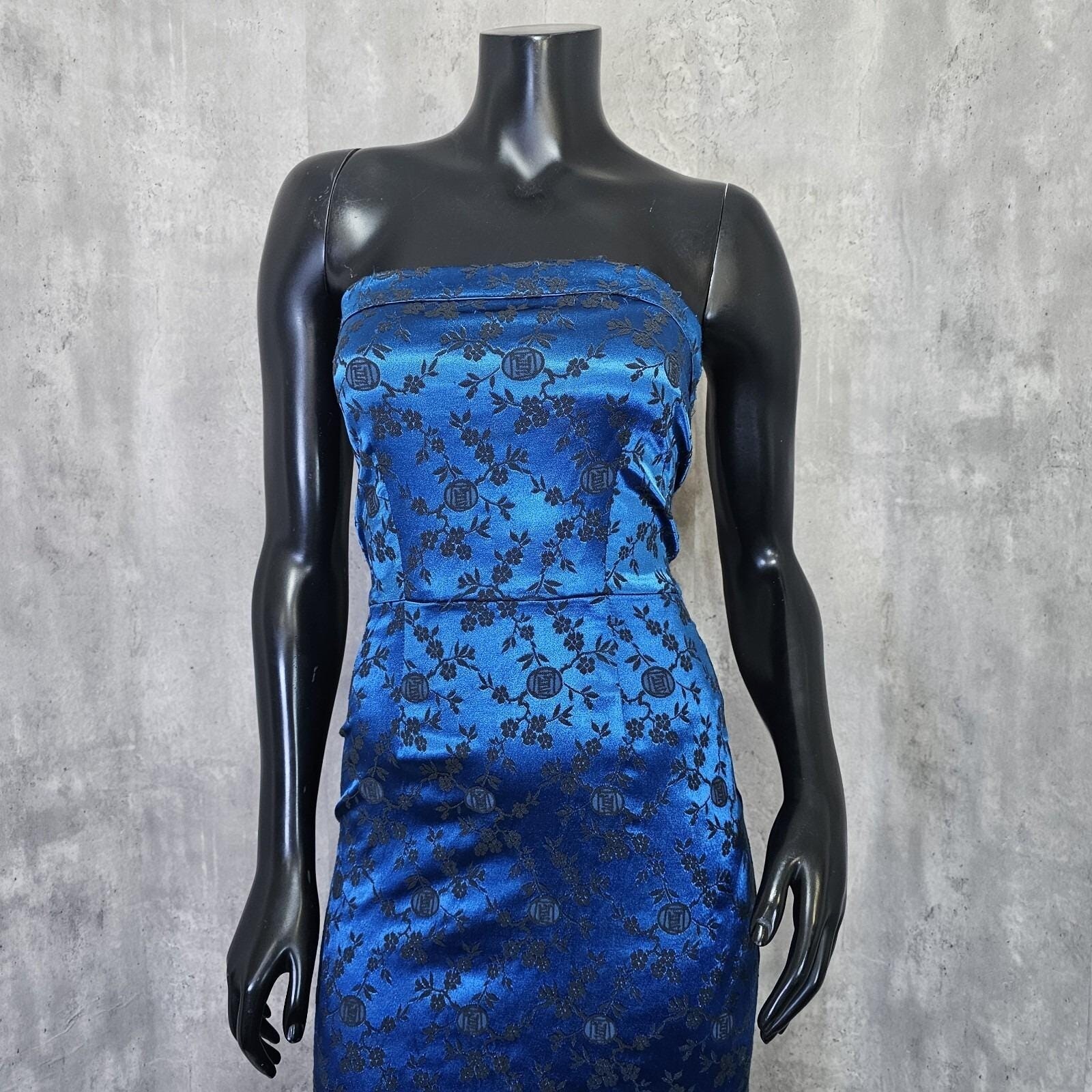 Vintage 90s L.A. Glo S Blue Black Floral Brocade Strapless Maxi Dress USA