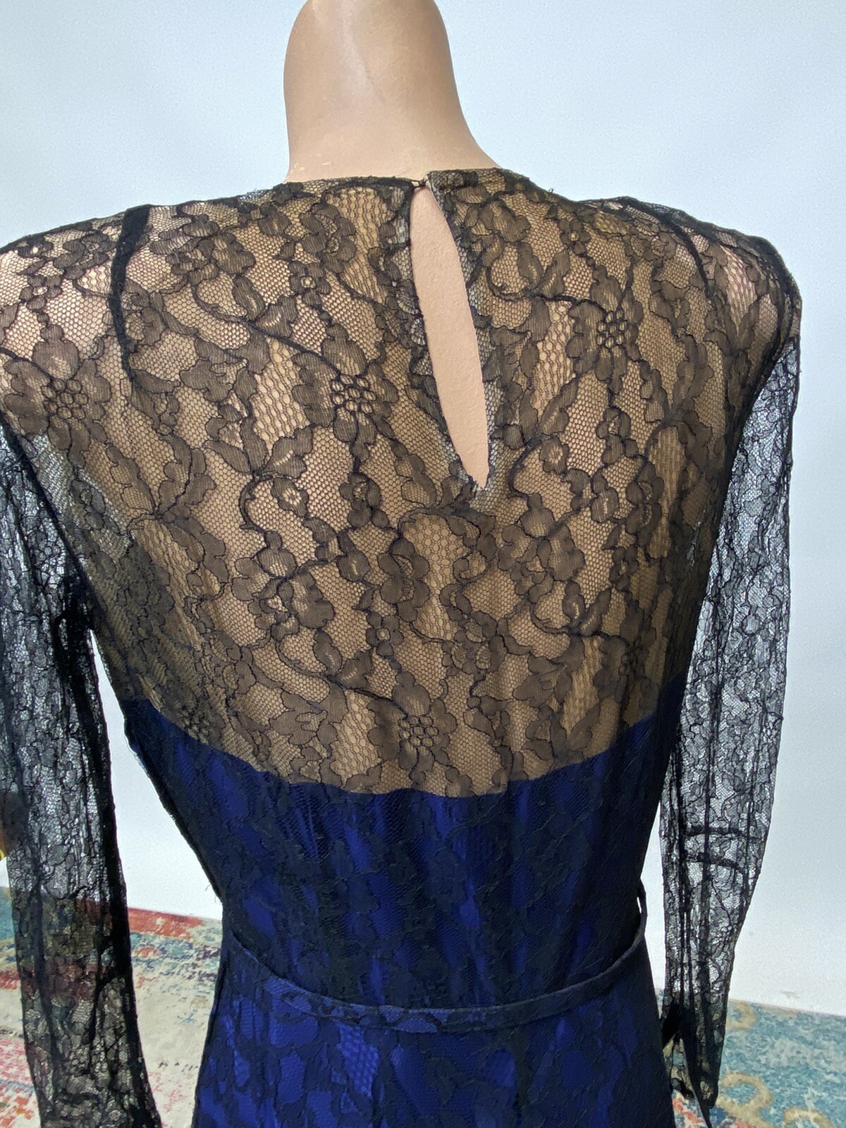 Antique Vintage 1940s Black & Blue Silk Chiffon Lace Bias Cut Full Length Gown