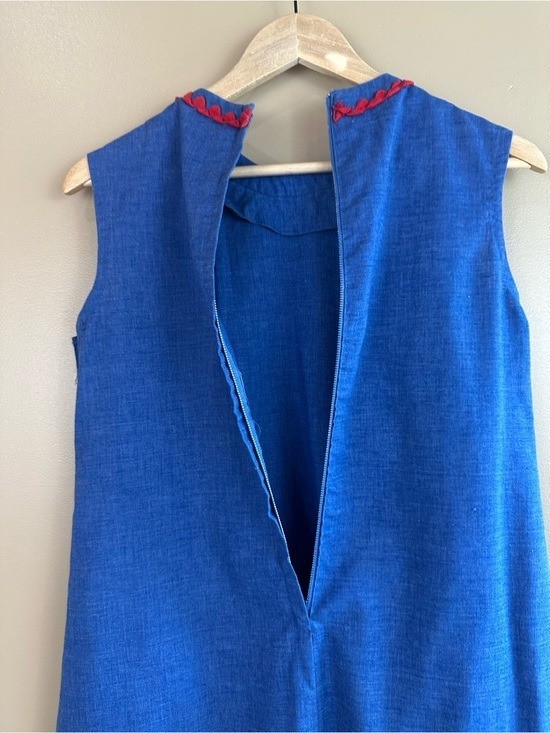 Vintage Handmade Mod Shift Dress Blue Red Ric Rac A-Line Womens S/M