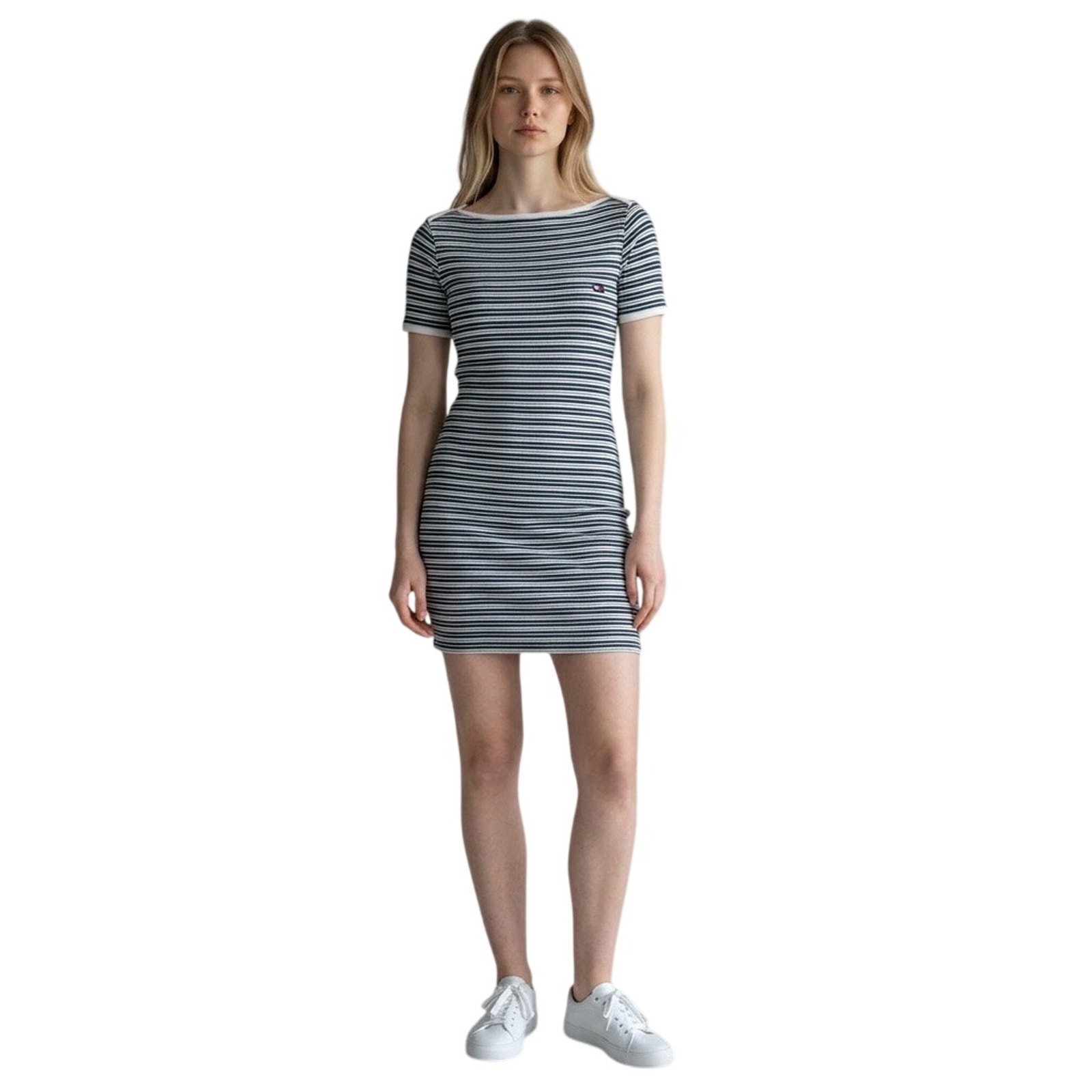 Old Money Tommy Hilfiger Ribbed Stripe Boat Neck Mini Dress Nautical Y2K M ^