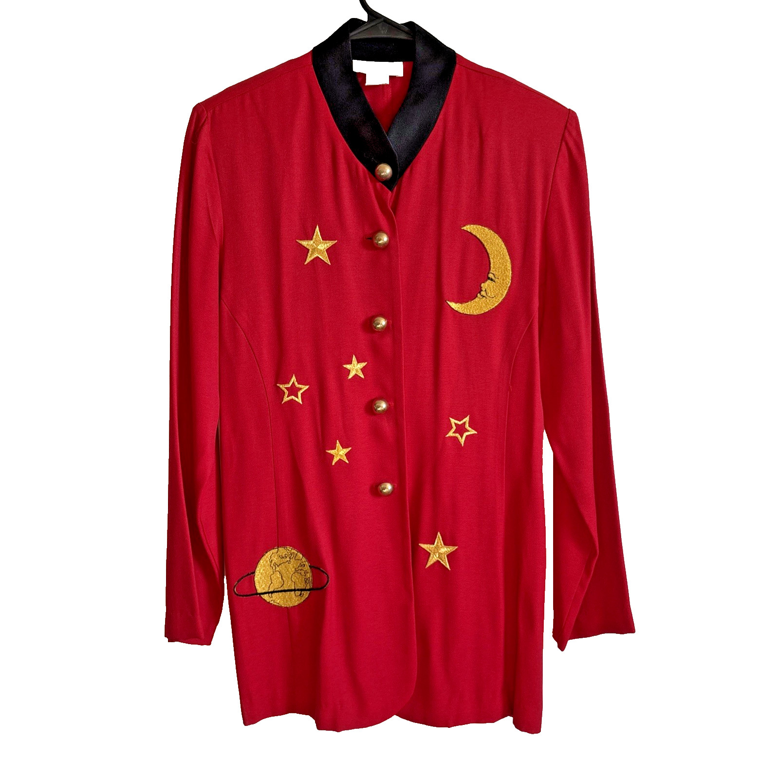 Vintage Lew Magram Red Button Down Top Moon & Stars Celestial Women’s L