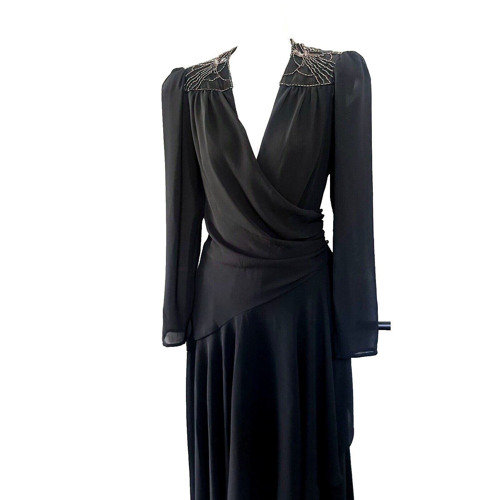 Vintage Casadei Black Chiffon Dress Beaded Shoulder RETRO GLAM SZ S