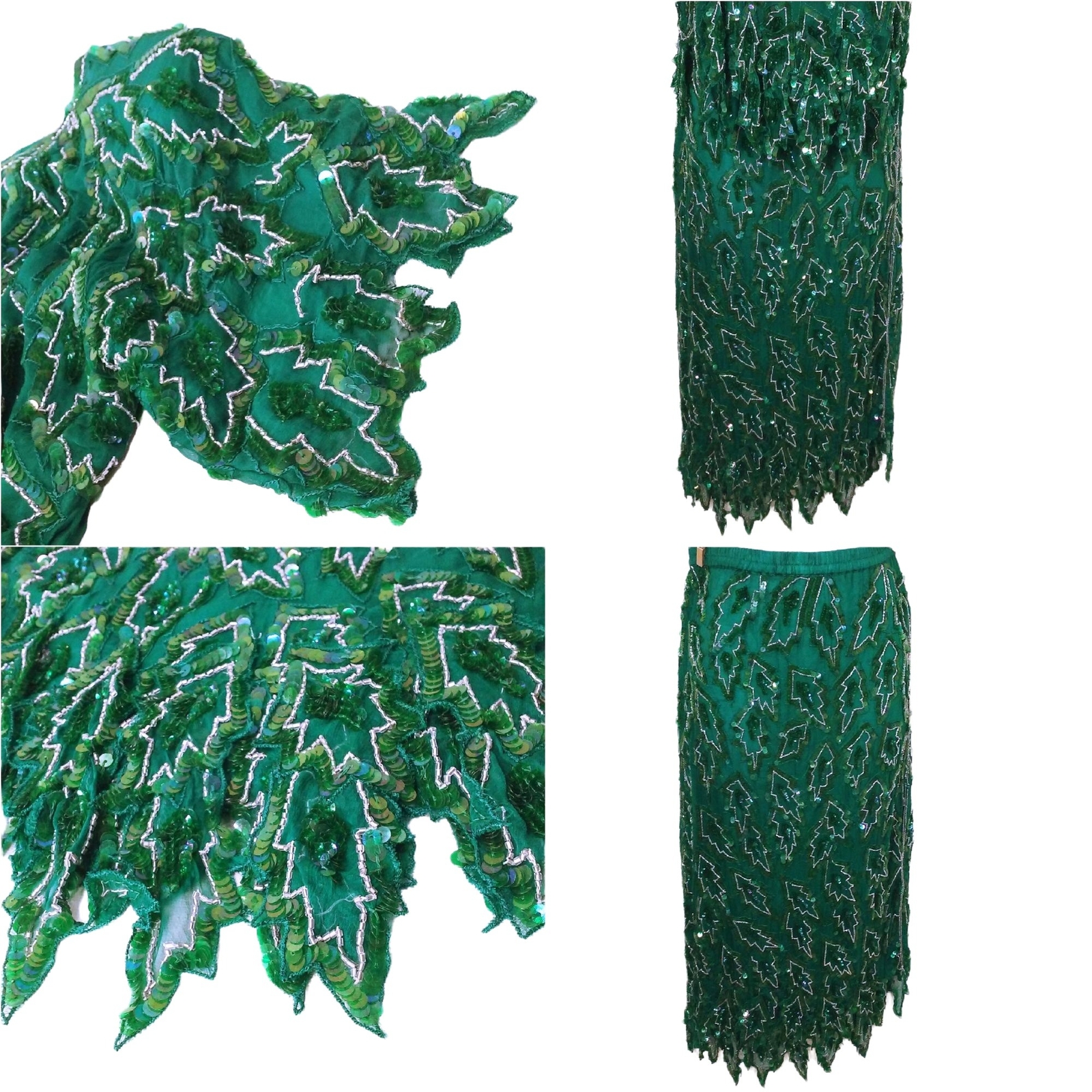 Vintage 80s Scala 2-pc Set Gatsby Silk Sequin Beaded Leafy Blouse Skirt -M Teal