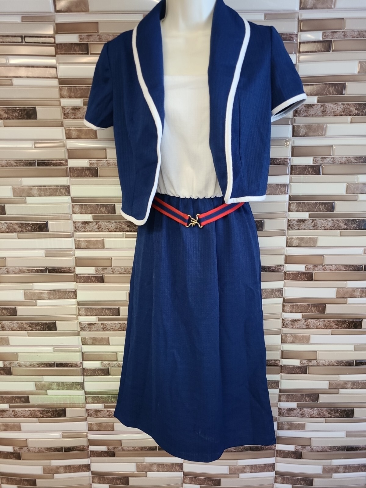 ILGWU Vintage Ladies Garment Union Workers Blue White Dress Jacket Belt Size 7/8