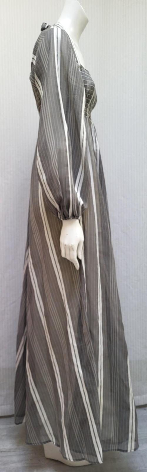 Vintage 1970’s MELISSA LANE Gray Stripe Maxi Dress with Smocking – Size XS/S