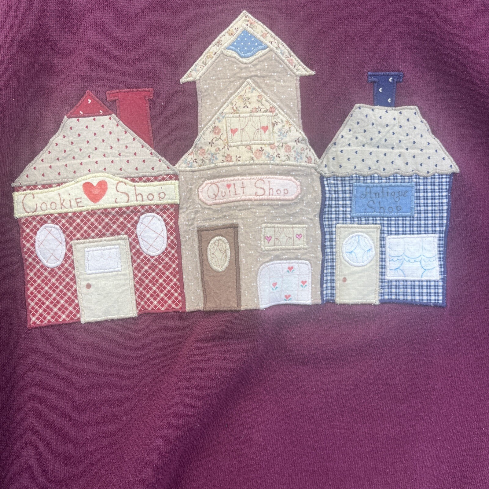 Jerzees Maroon L Collared Patchwork Sweatshirt Cookie Quilt Antique Shop Vintage