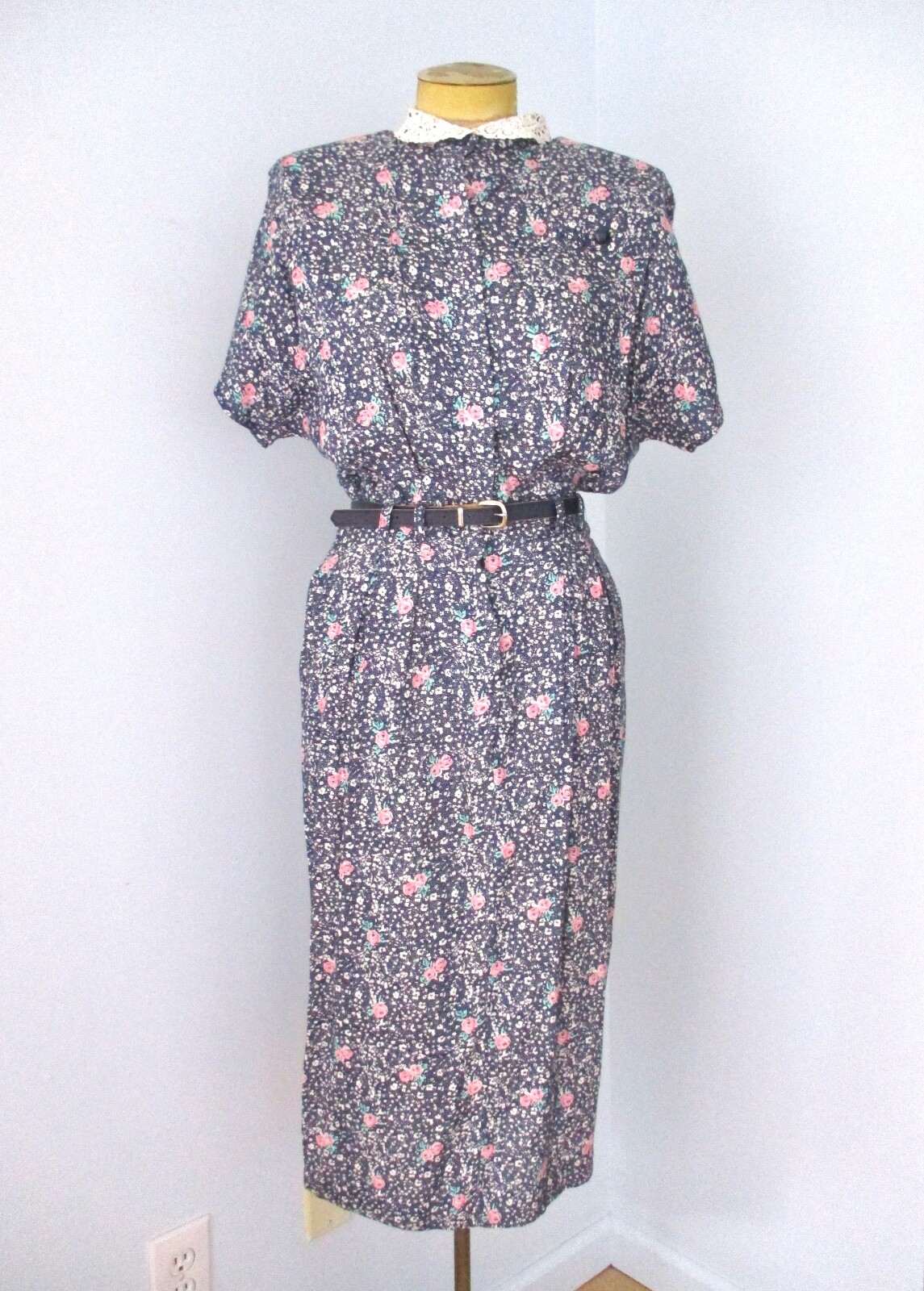 Vtg 80s Paquette Too! Blue Pink Floral Cottagecore Secretary Dress Pockets 10