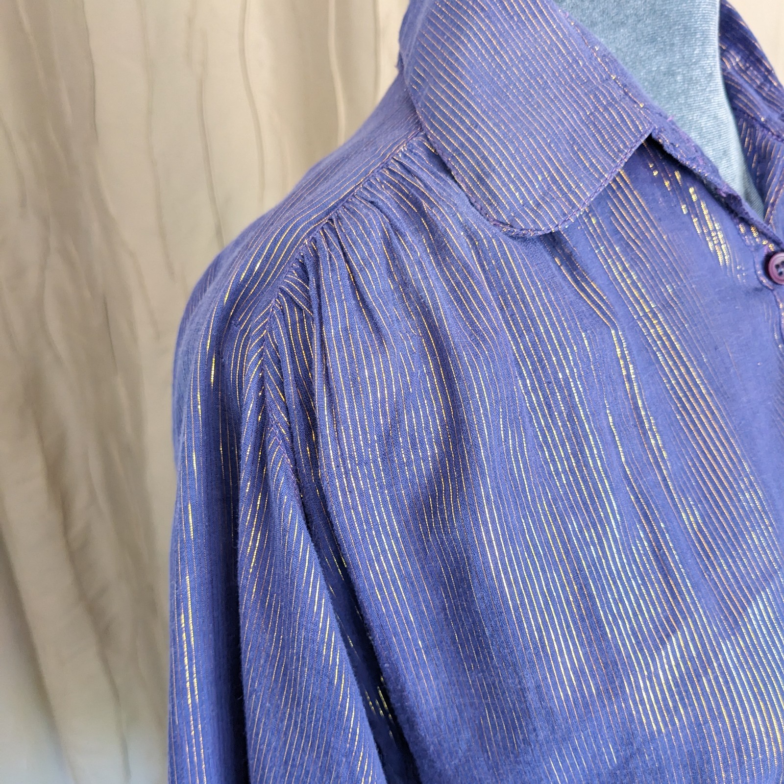 VTG 80s Metallic Gold Stripe Cotton Voile Blouse 14/L Purple Button Up Top India