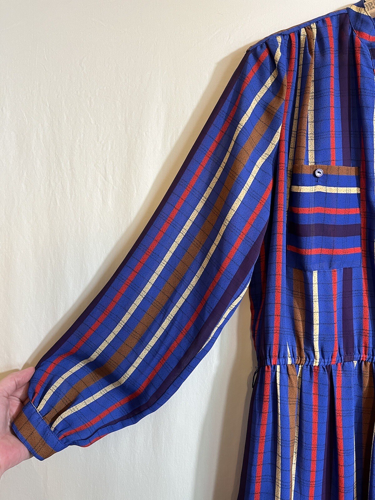Vintage 1980s Samantha Stevens Petites Dress 10 / M Blue Striped Long Sleeves