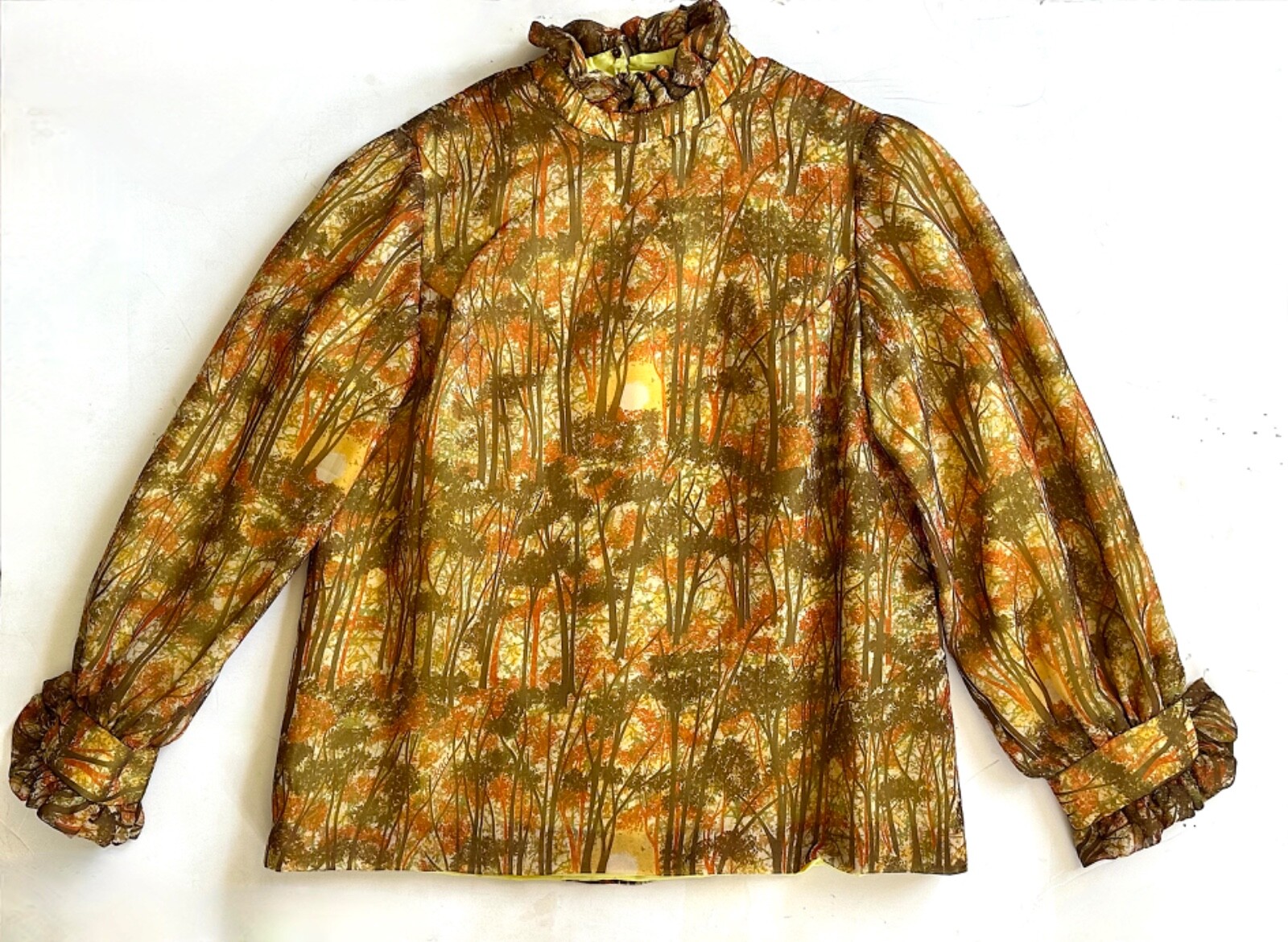 Vintage Silk Blouse 1960s Fashion Custom Made Women’s Top Sunset Print Fabric