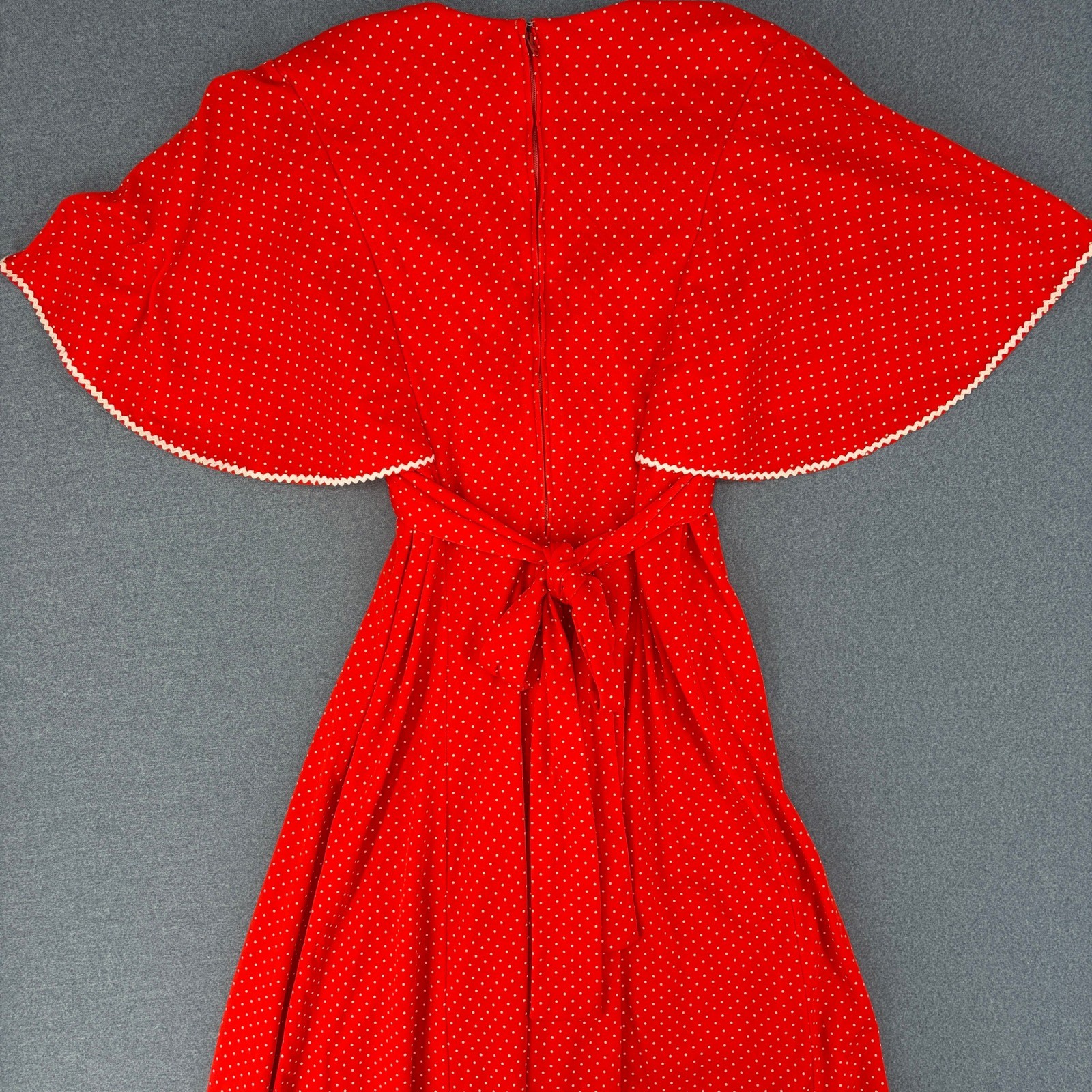 Vintage 70s ILGWU Red Polka Dot Flutter Sleeve Maxi Dress Rick Rack Trim Small S