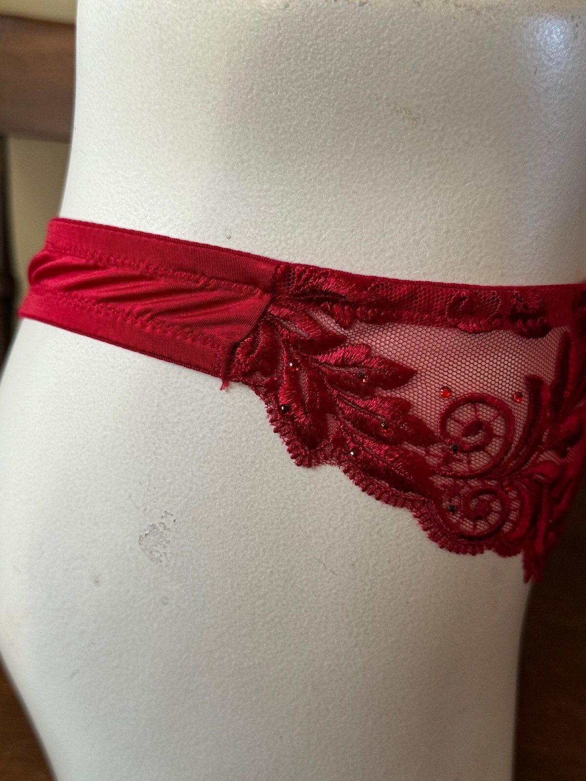 VINTAGE SOMA RUBY RED ~ SENSUOUS LACE SPECIAL EDITION THONG PANTIES MEDIUM NWT