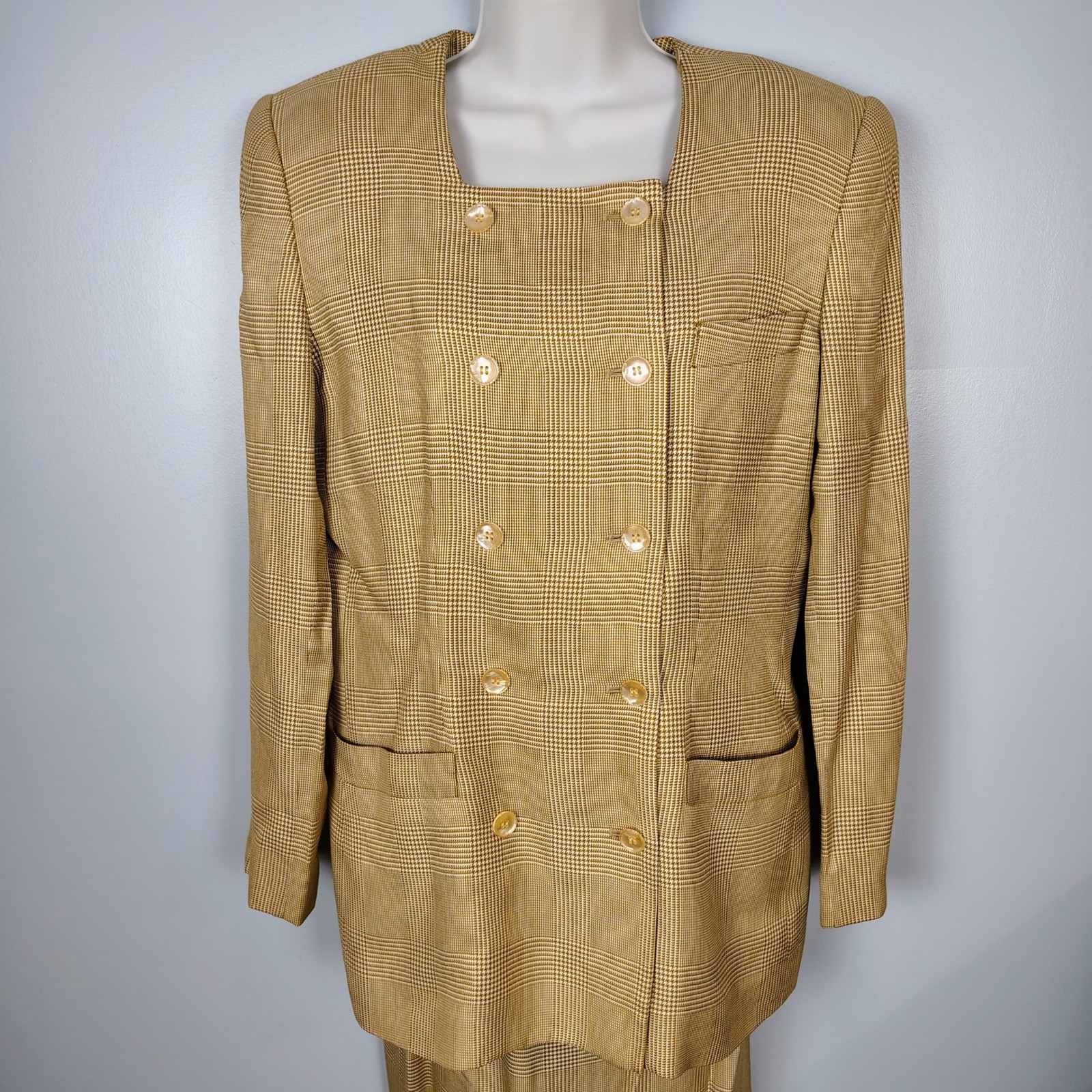 Stirling Cooper Vintage Glen Plaid Skirt Suit Set Tan Mustard Rayon Size 8