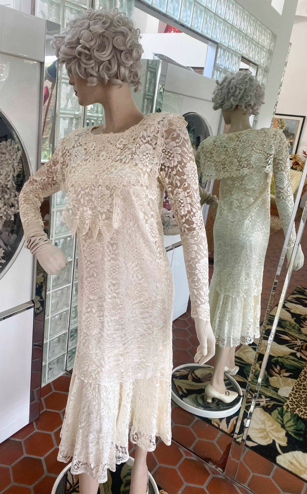 VTG 1980s copies 1920s-Ivory Lace Drop Waist Dress size XSP Fapper Gatsby