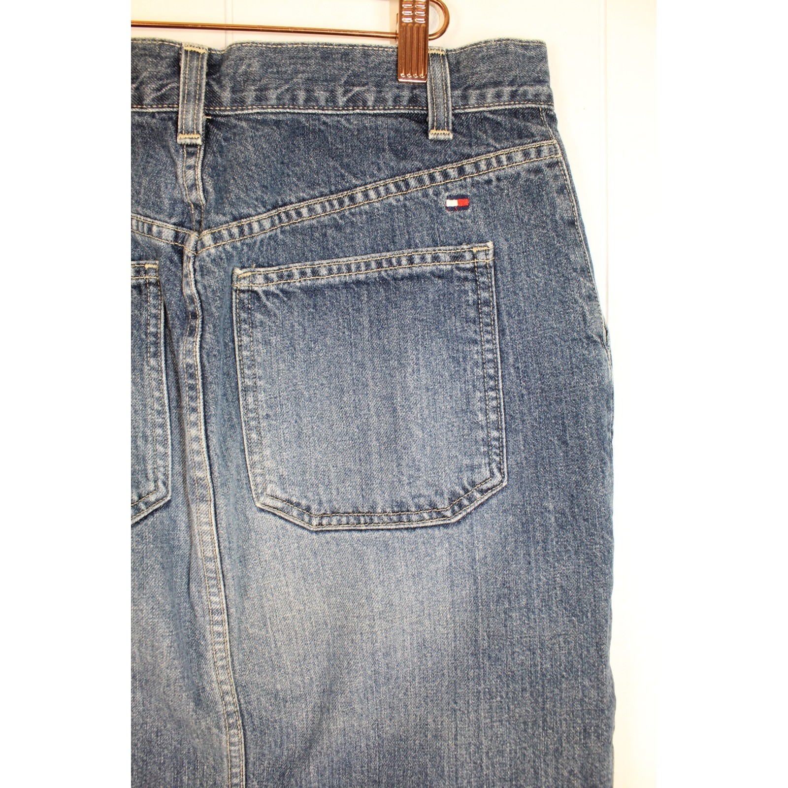Tommy Hilfiger Jeans VTG Cotton Knee Length Denim Carpenter Style Skirt SZ 8