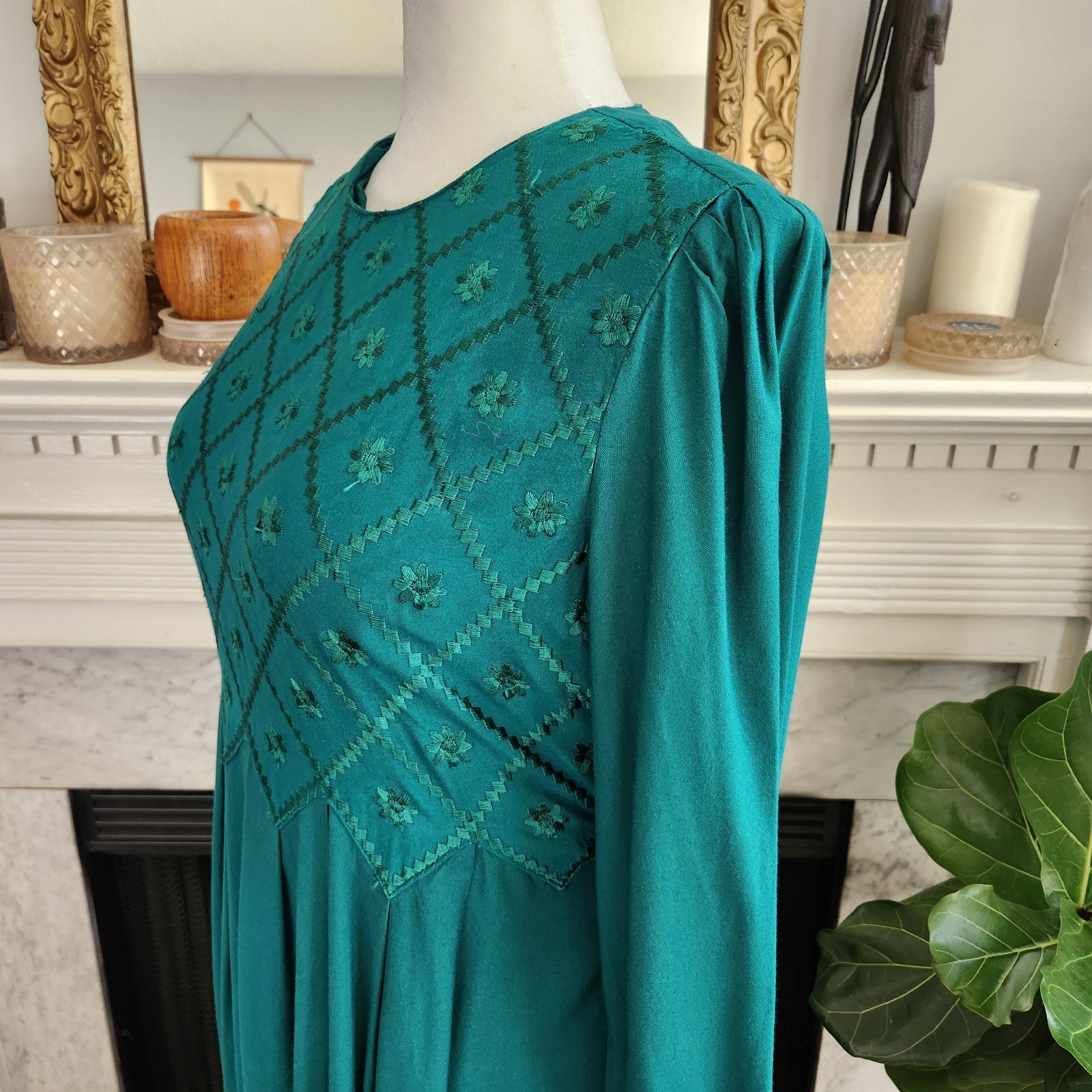 Vintage 90s Green Maxi Dress Sz 12 Boho Floral Embroidered Modest Edwardian