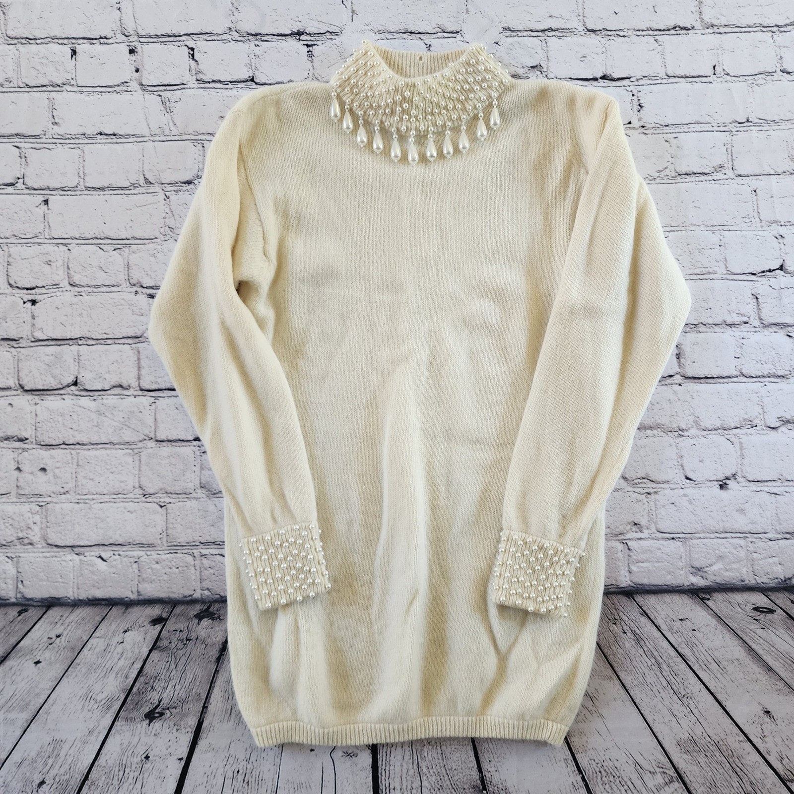 Lew Magram Vintage Angora Lambswool Pearl Embellished Mock Neck Sweater Ivory S