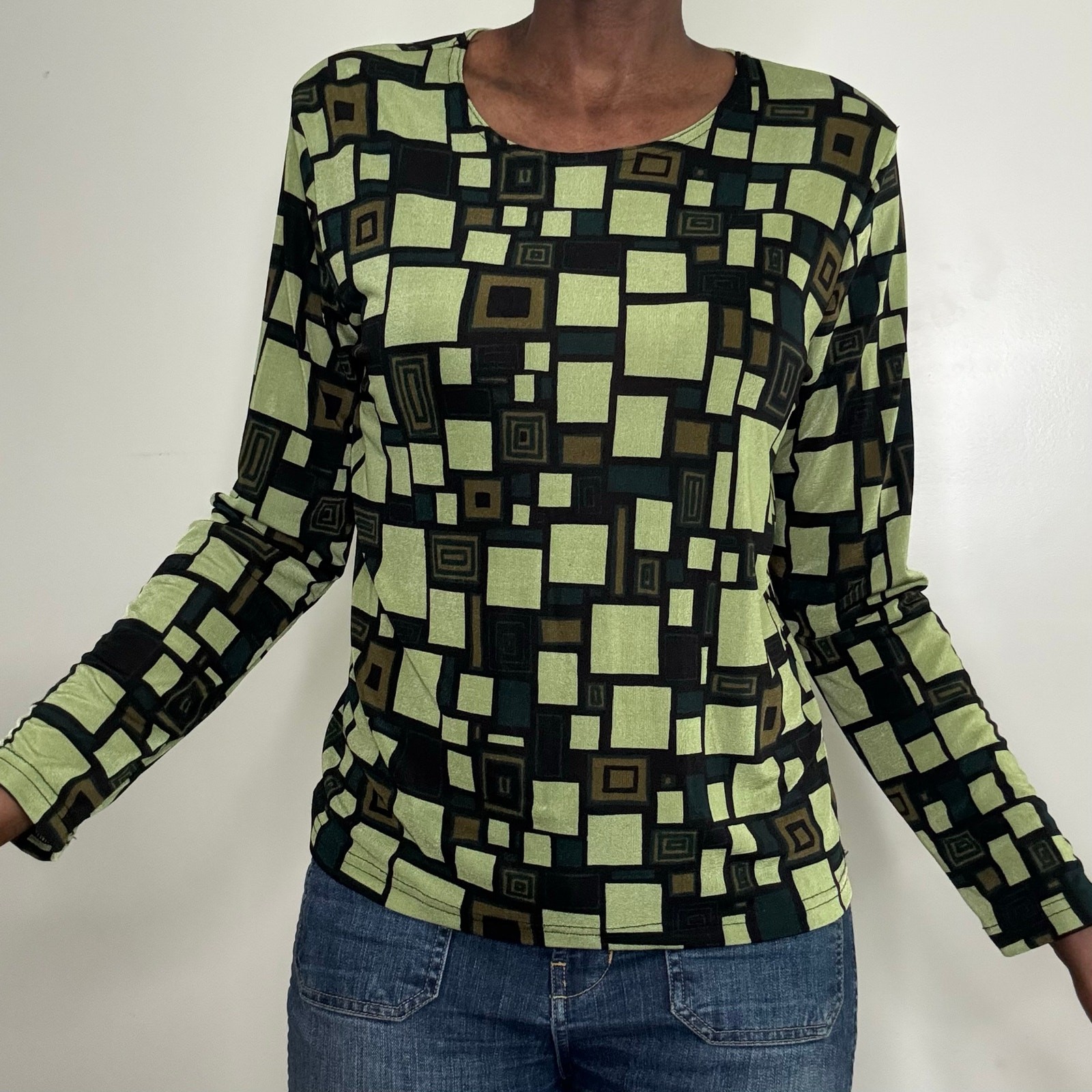 Carol Rose Green MOD Print Long sleeve Stretch Blouse Top Size Large