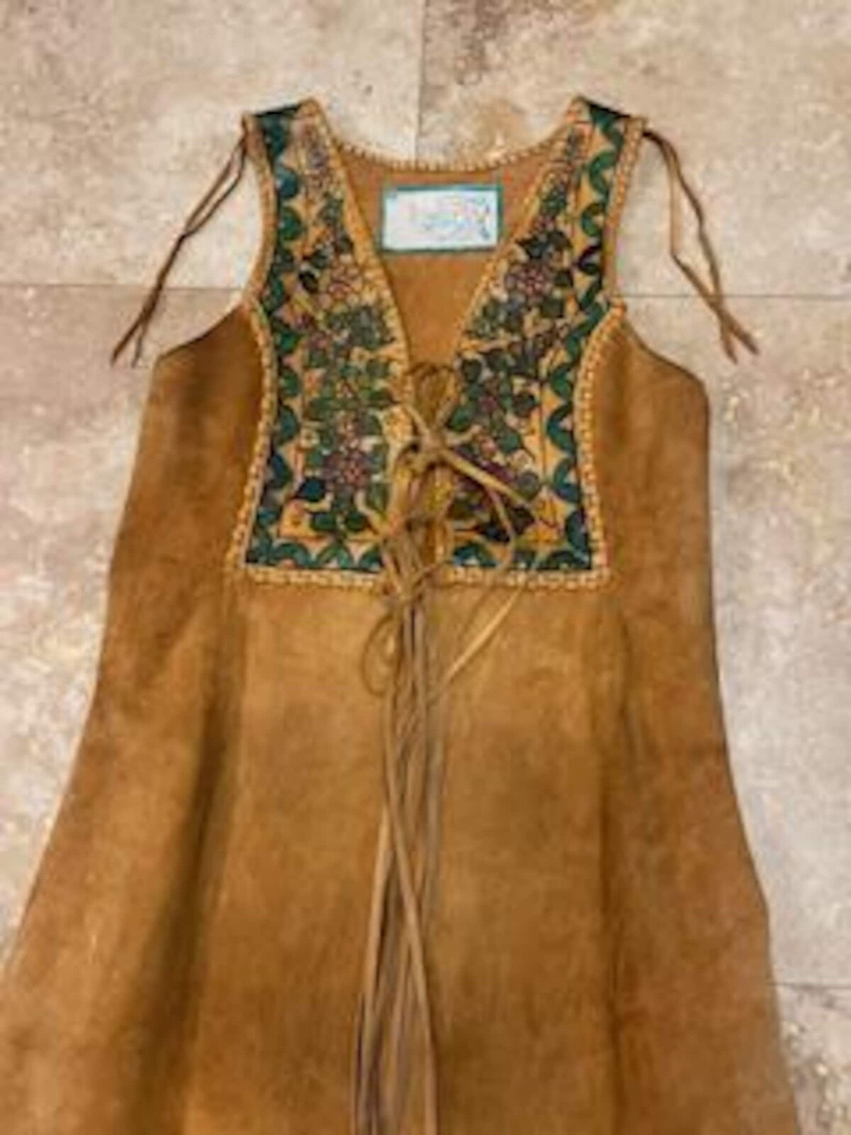 Vintage 70s Char Leather Vest Jacket Duster Hand Painted Whipstitched Hippy Boho